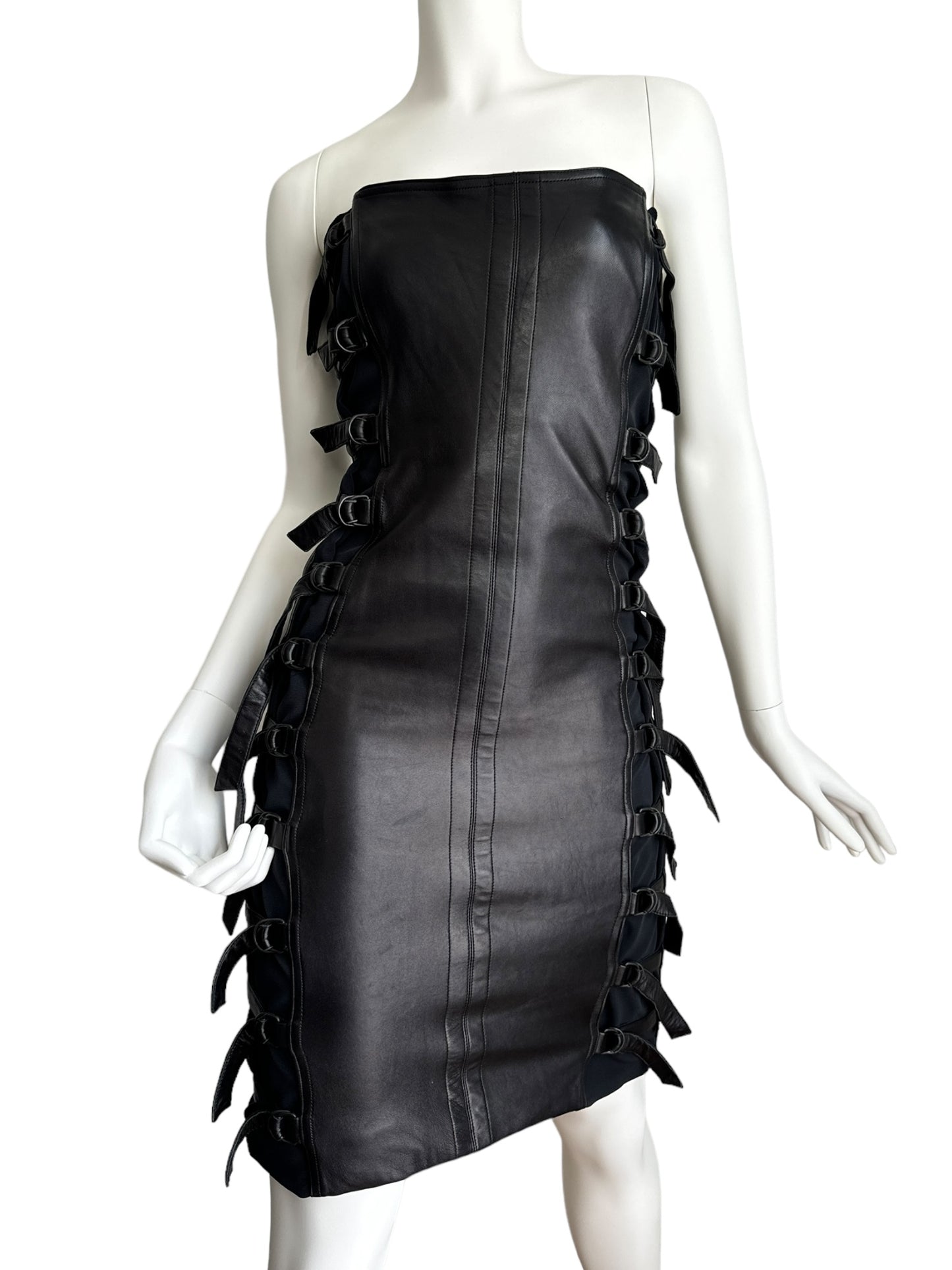 PLEIN SUD FW2001 BLACK LEATHER BONDAGE BUSTIER MINI DRESS