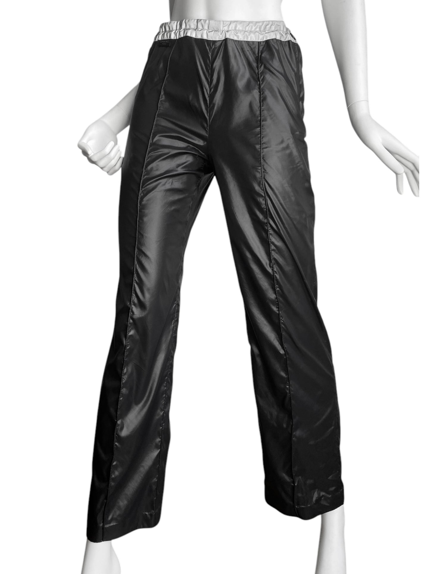 CHANEL SS1999 BY KARL LAGERFELD BLACK NYLON REFLECTIVE HEM WIDE PANTS