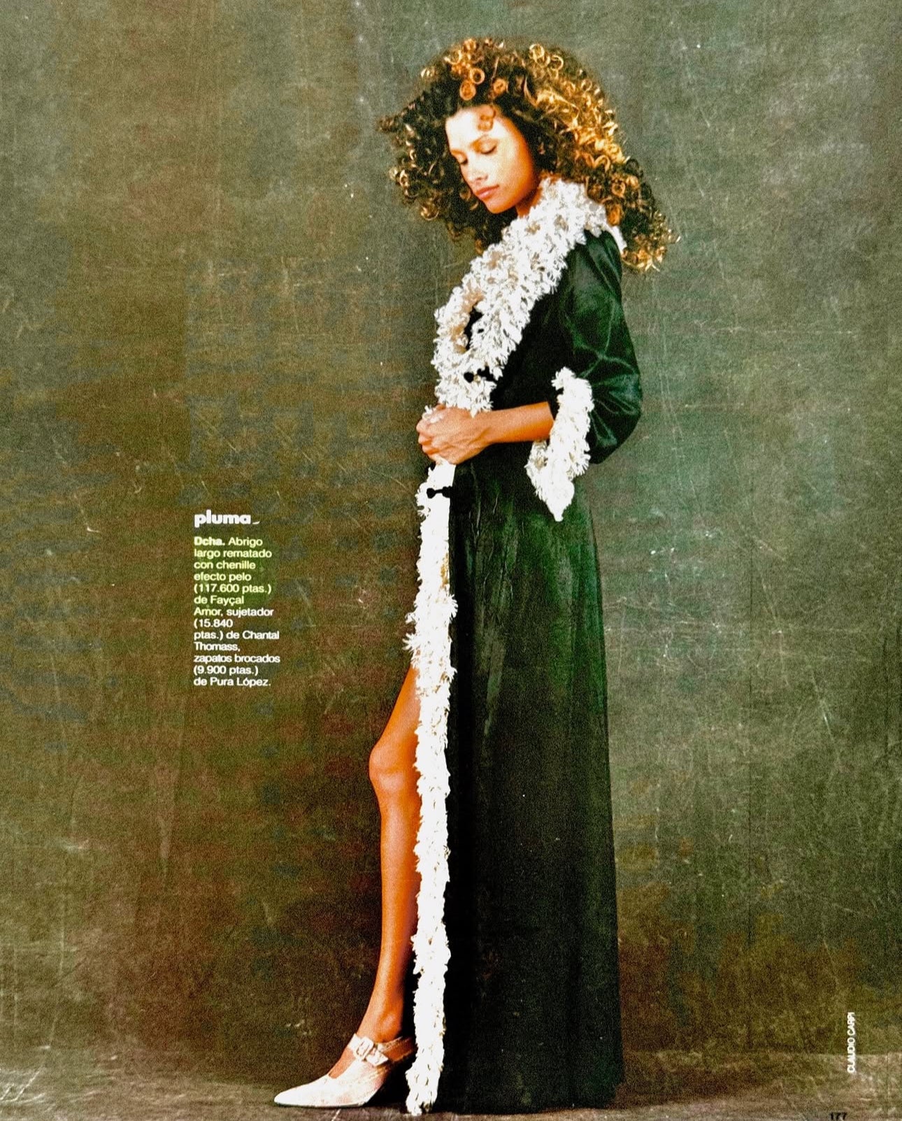FAYÇAL AMOR FW1994 DARK GREEN FEATHERS COLLAR MAXI DRESS/COAT