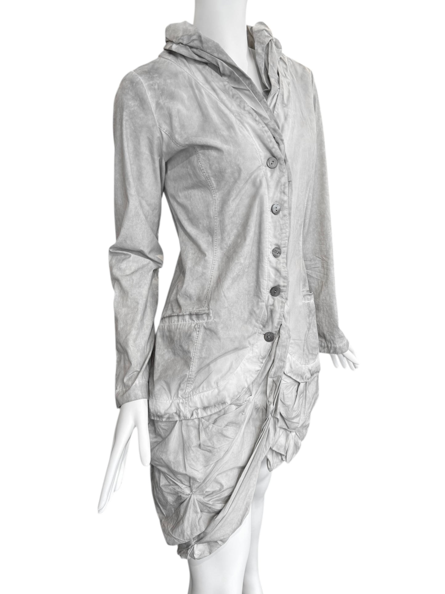 Y’S YOHJI YAMAMOTO 2000s GREY RUSHED DRAPED HEM LIGHTWEIGHT COAT