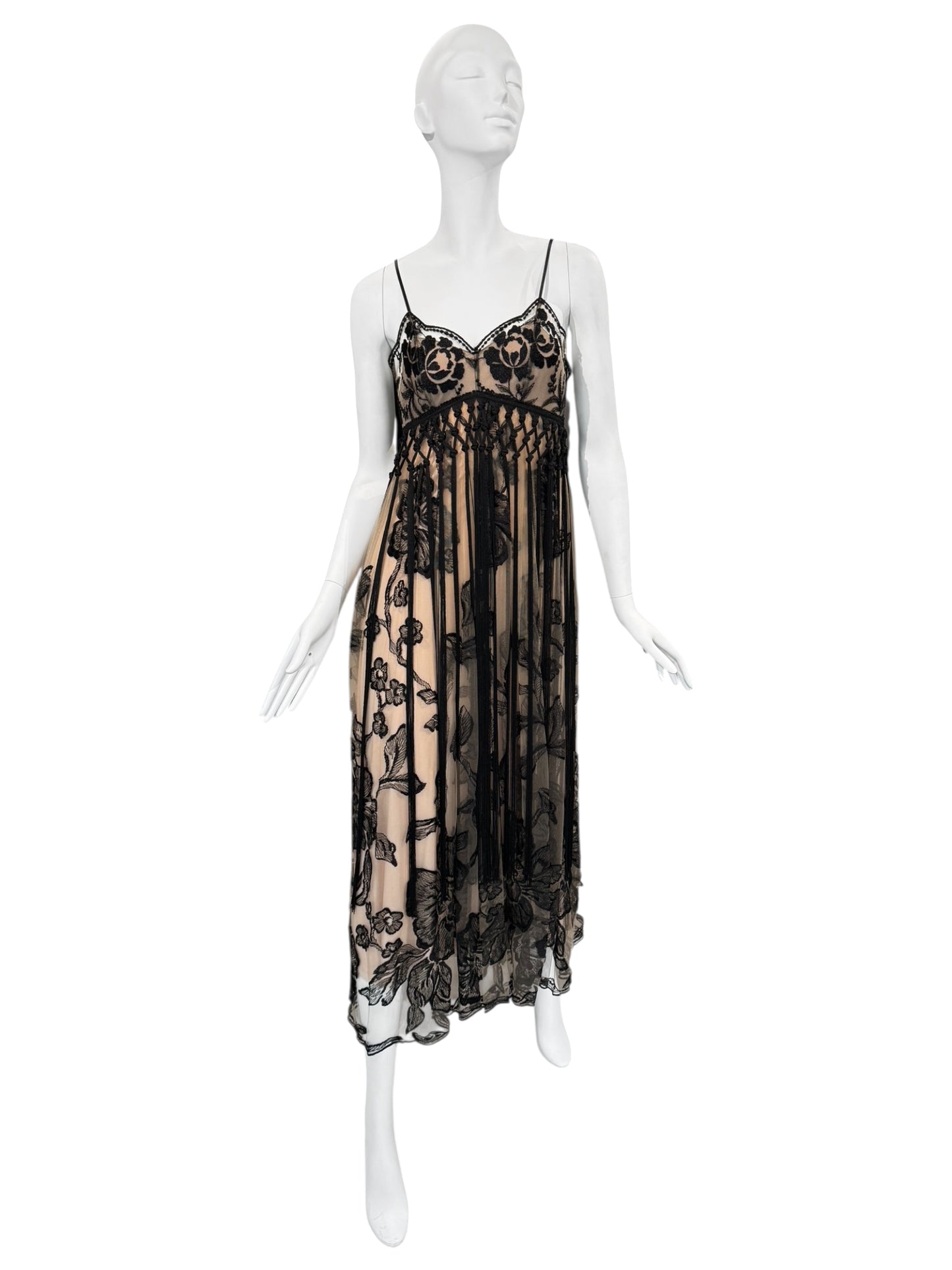 FAYÇAL AMOR 2019 BEIGE & BLACK FLORAL FRINGES MAXI DRESS