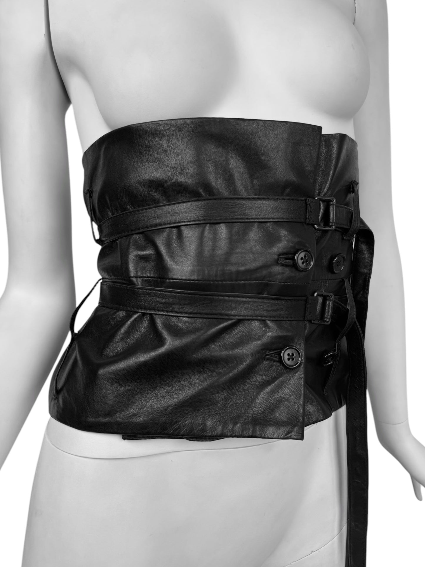 ANN DEMEULEMEESTER FW2010 BLACK LEATHER STRAPS BONDAGE BUSTIER TOP/CORSET