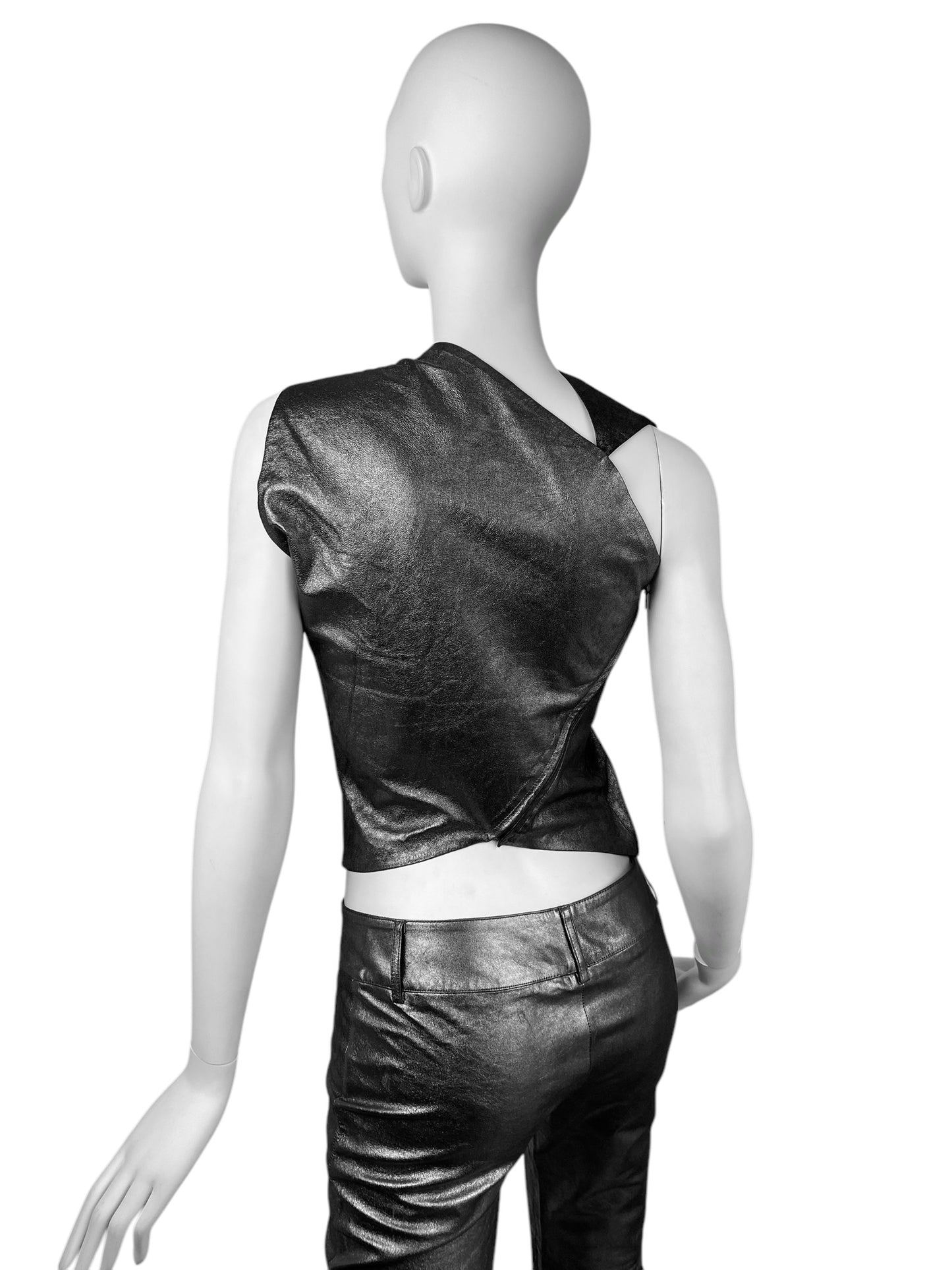 PLEIN SUD 1990s METALLIC GREY LEATHER ASYMMETRICAL TANK TOP
