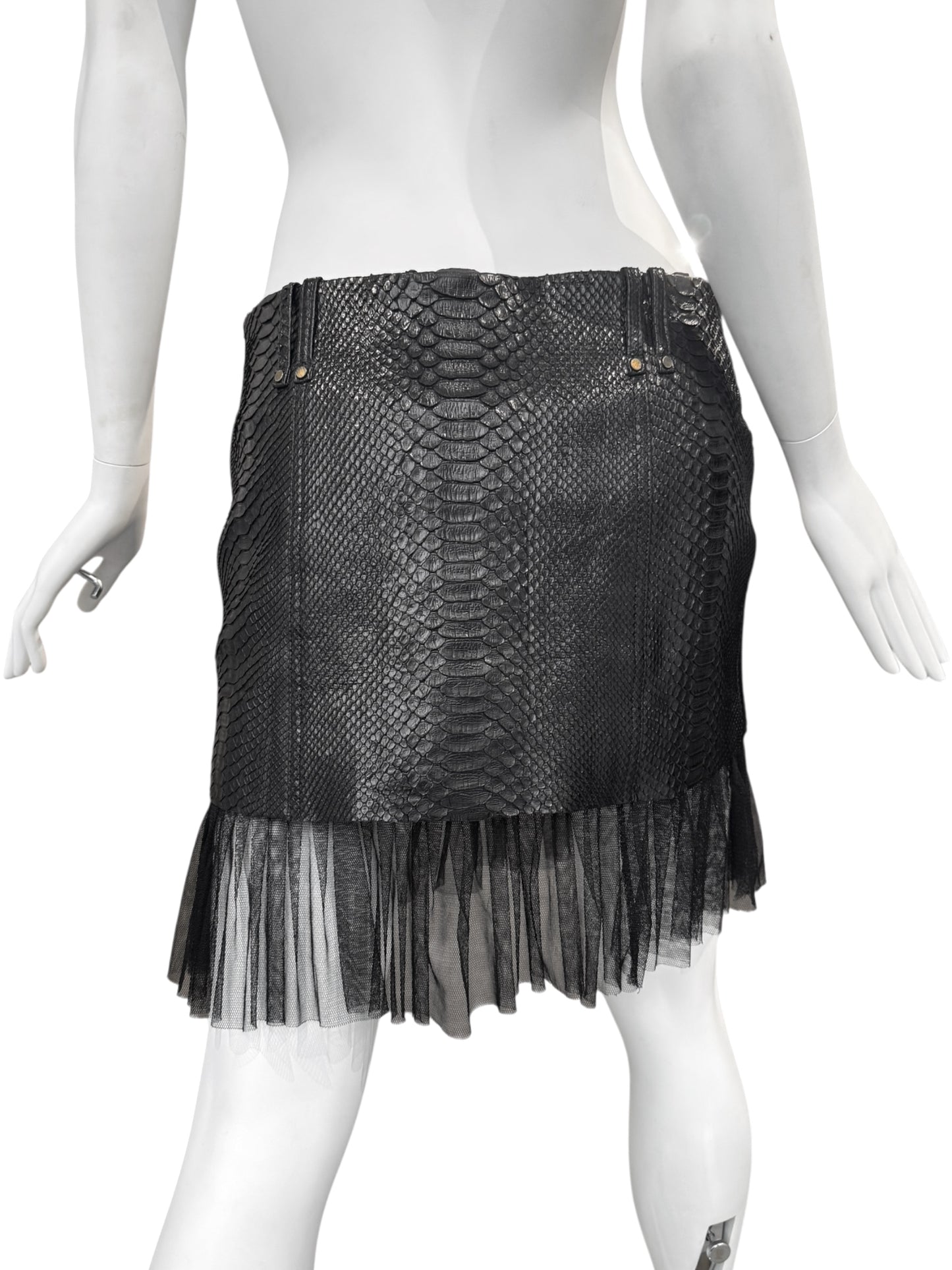PLEIN SUD SS2011 BLACK PYTHON LEATHER TULLE HEM MINI SKIRT