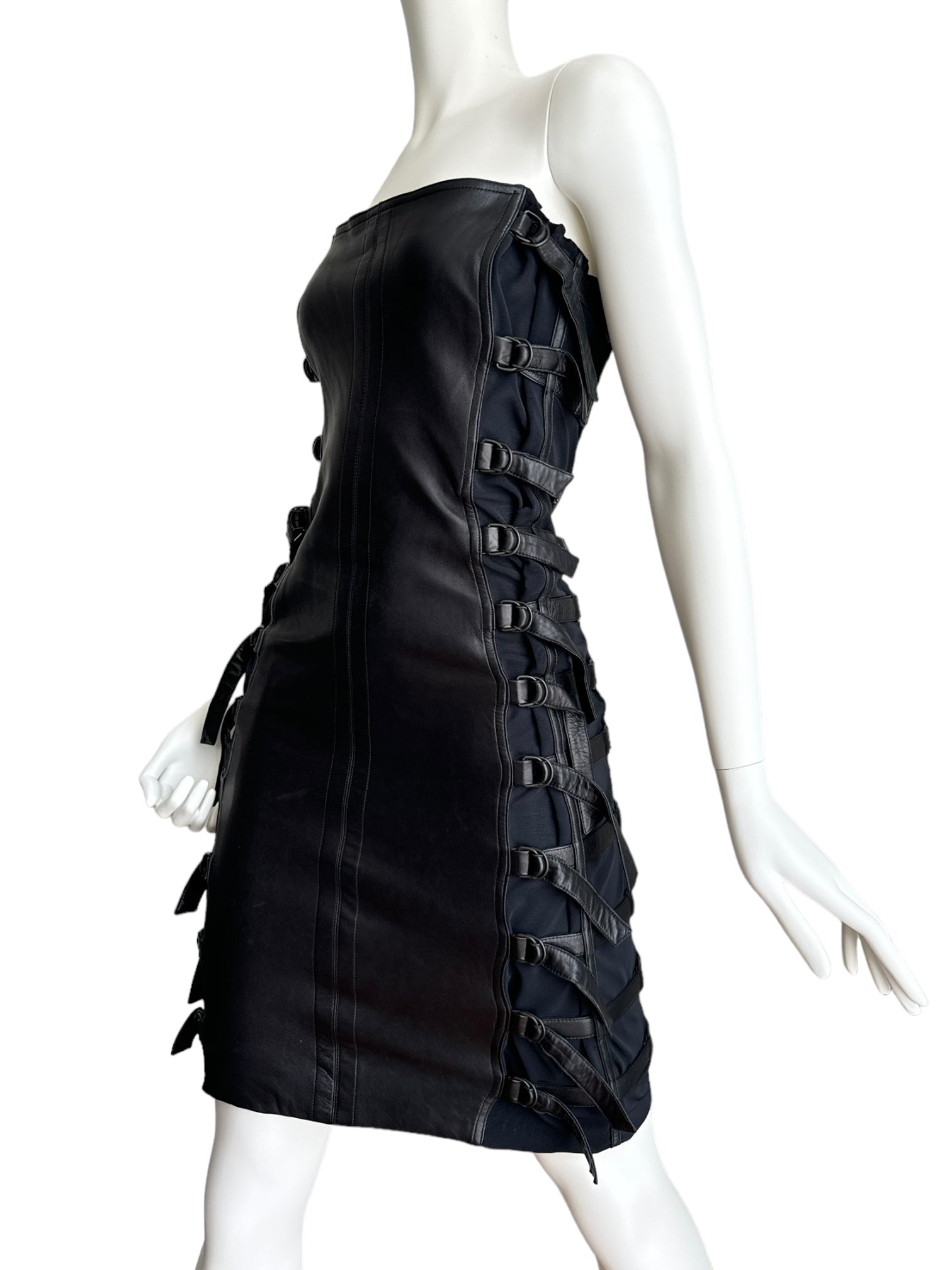 PLEIN SUD FW2001 BLACK LEATHER BONDAGE BUSTIER MINI DRESS  Numero13Vintage