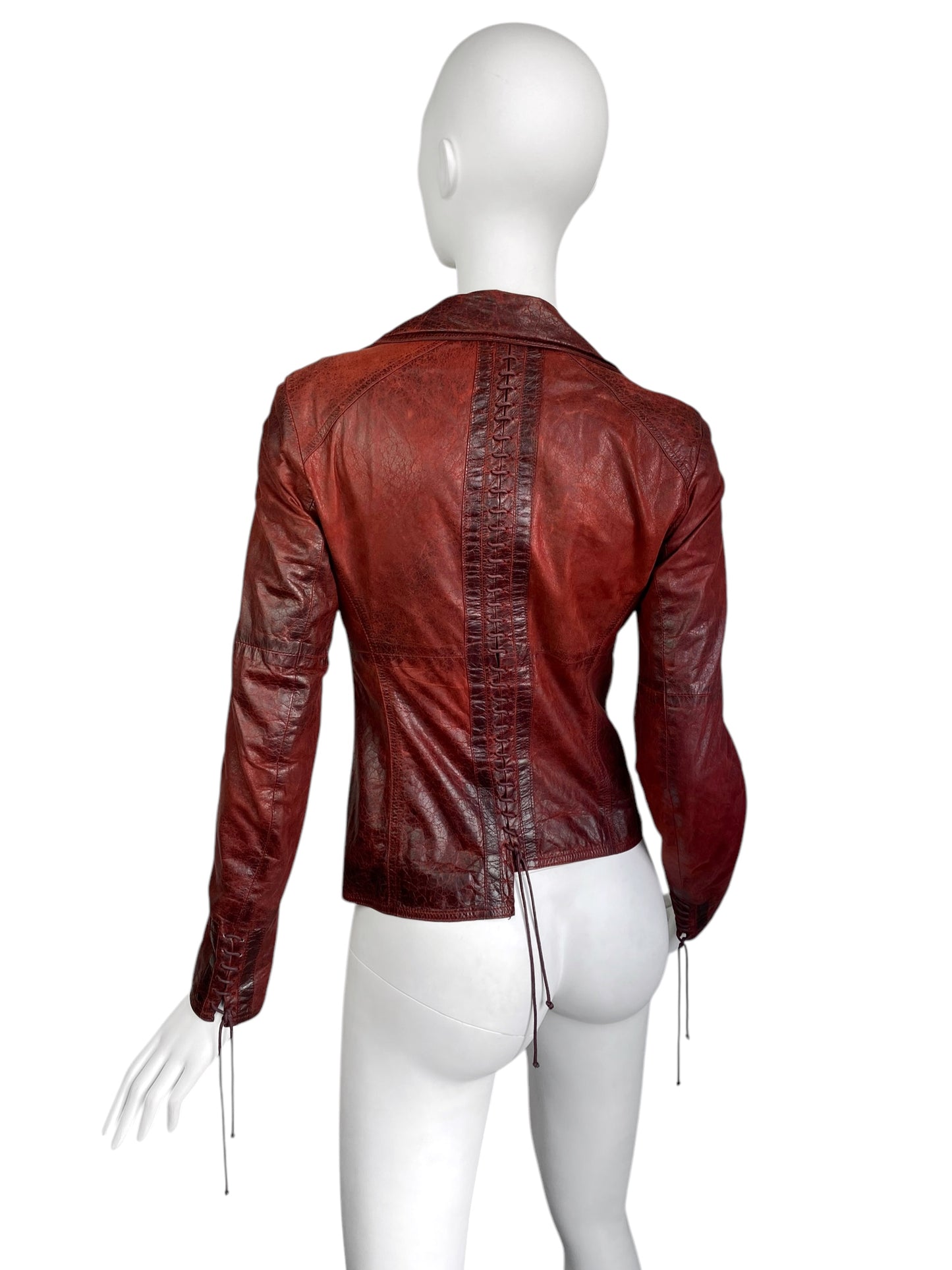 PLEIN SUD FW2002 RED DISTRESSED LEATHER LACE-UP JACKET