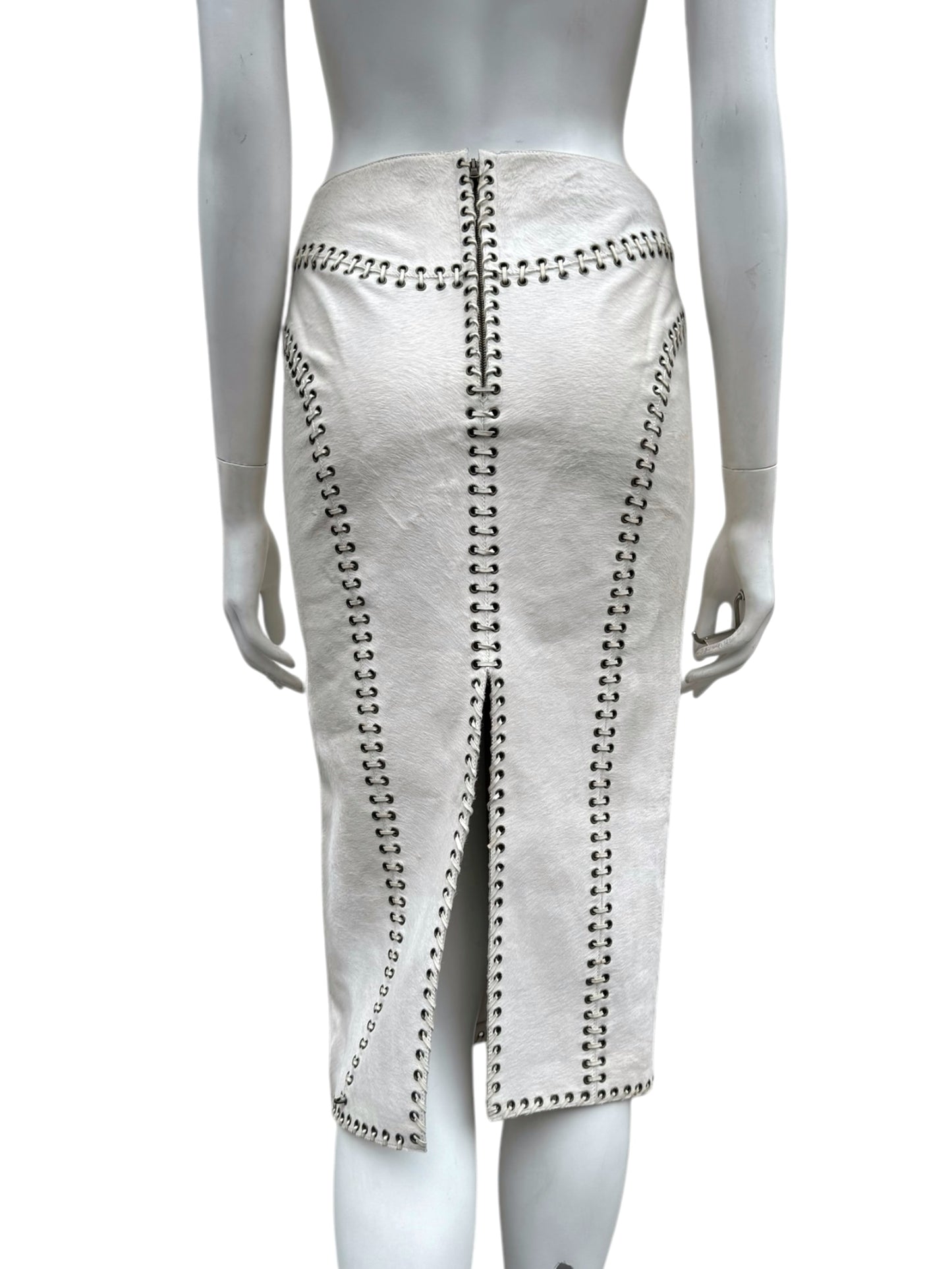 ALEXANDER MCQUEEN PRE-FALL 2010 WHITE PONY HAIR LACE-UP MIDI SKIRT