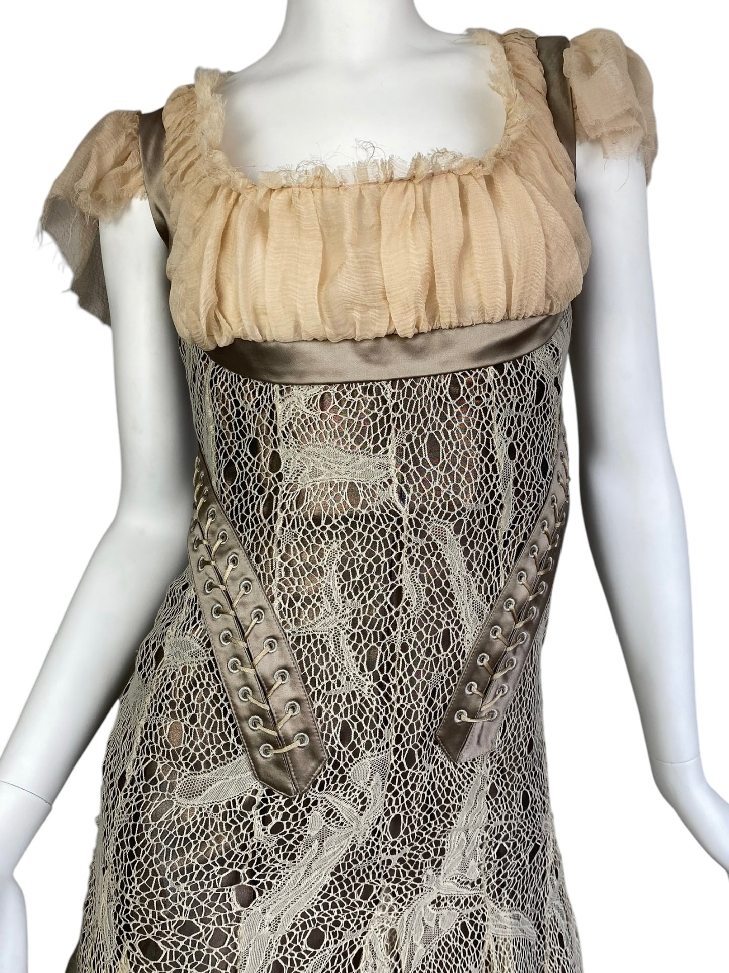 ALEXANDER MCQUEEN FW2002 «SUPERCALIFRAGILISTIC» BEIGE LACE & SILK BONDAGE CORSET MIDI DRESS
