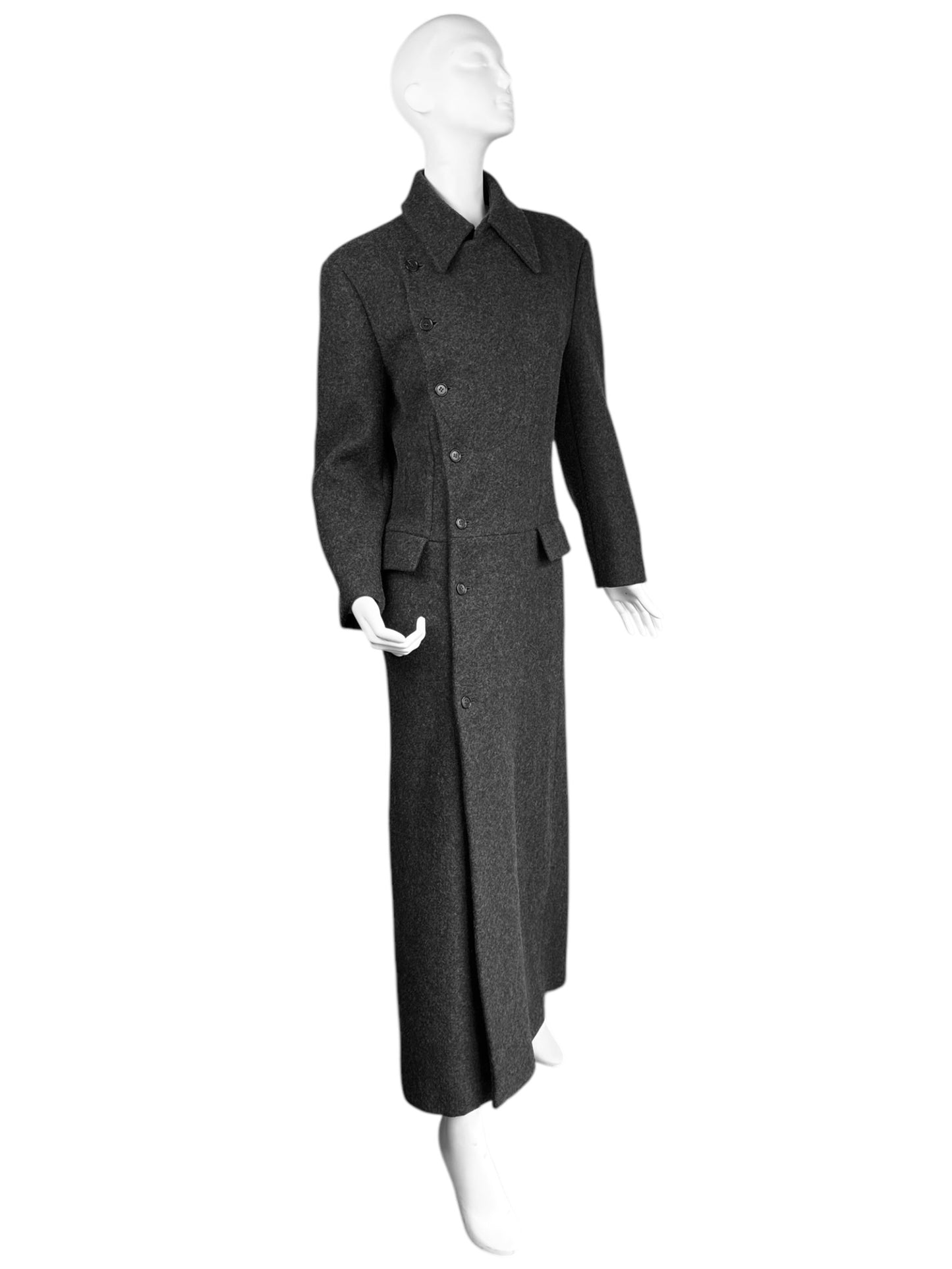 ALEXANDER MCQUEEN FW1999 «THE OVERLOOK» DARK GREY WOOL ASYMMETRICAL MAXI COAT