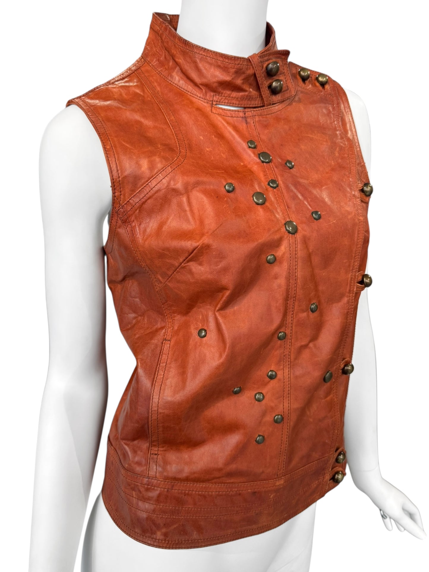 PLEIN SUD 2000s BURNT ORANGE STUDDED ASYMMETRICAL VEST