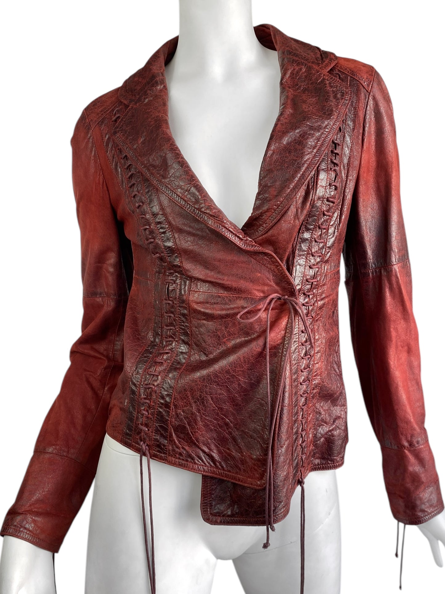 PLEIN SUD FW2002 RED DISTRESSED LEATHER LACE-UP JACKET