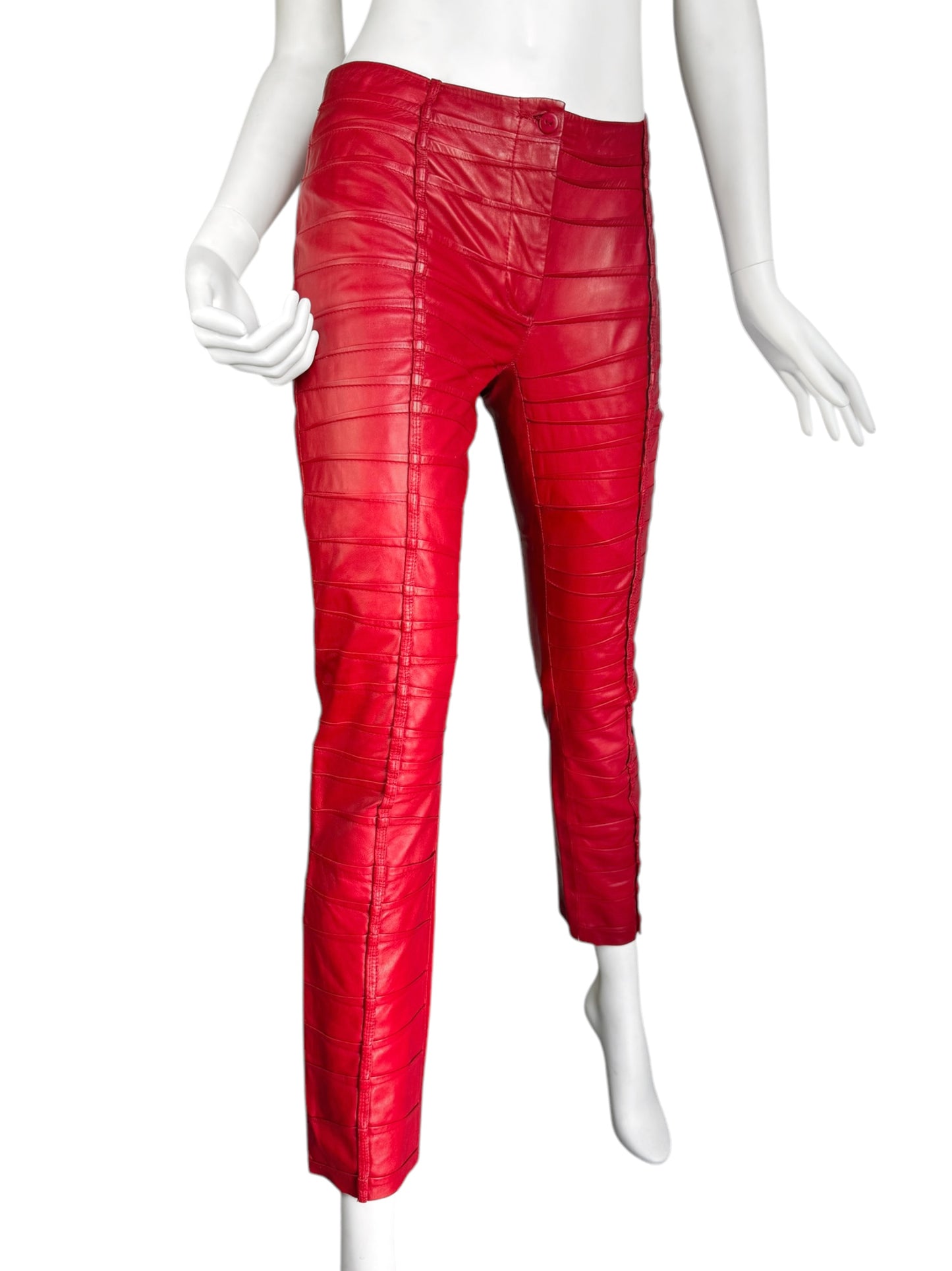 FAYÇAL AMOR SS2004 RED LAMB LEATHER DARTED 2P. SET (JACKET + PANTS)