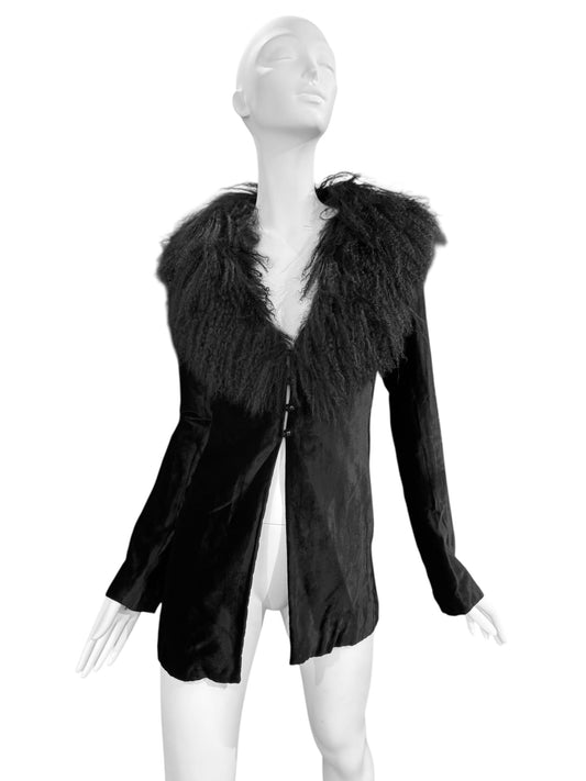 PLEIN SUD FW1994 BLACK VELVET & MONGOLIAN LAMB FUR JACKET