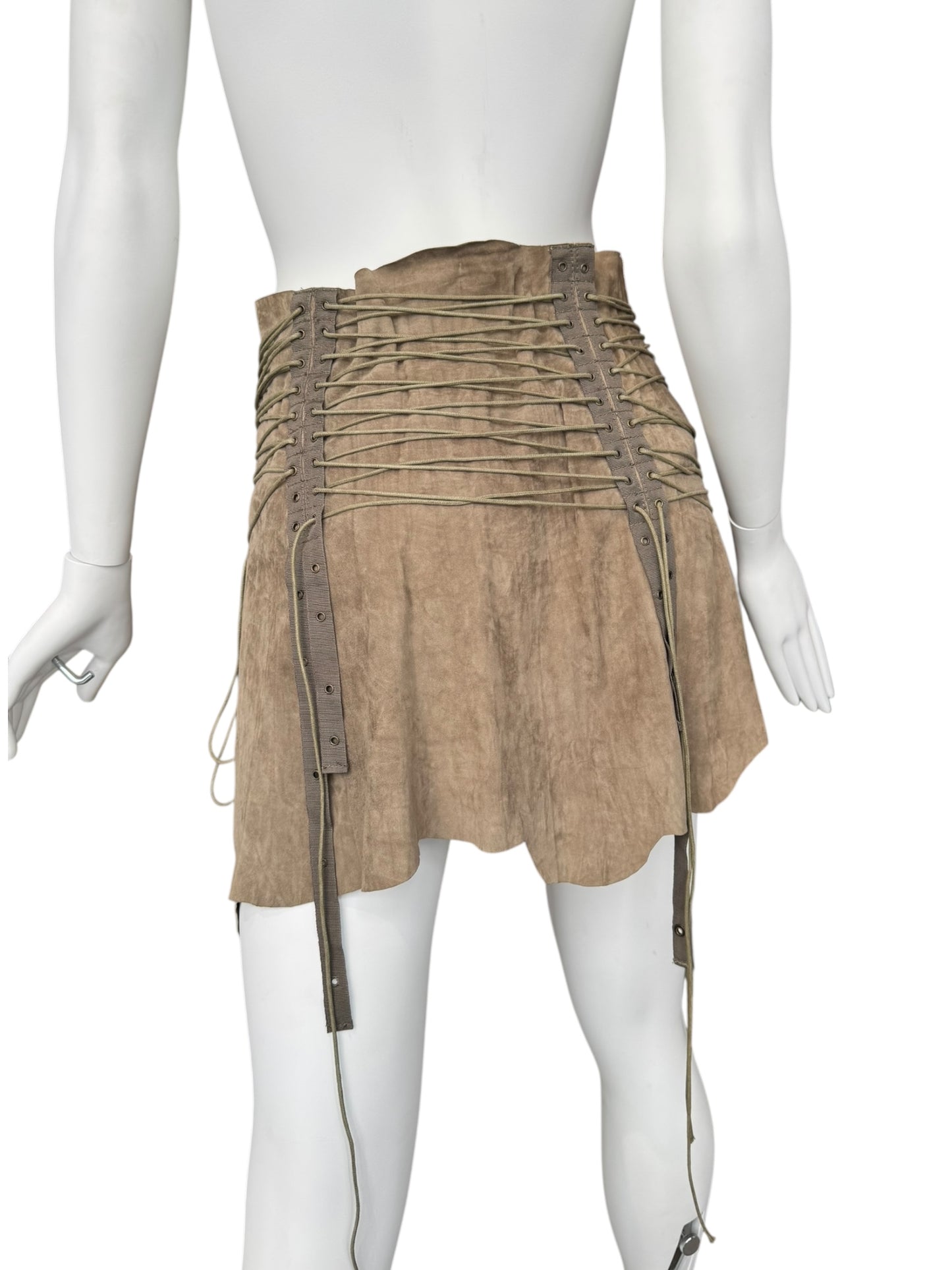 PLEIN SUD SS2003 KHAKI SUEDE LEATHER LACE-UP MINI SKIRT