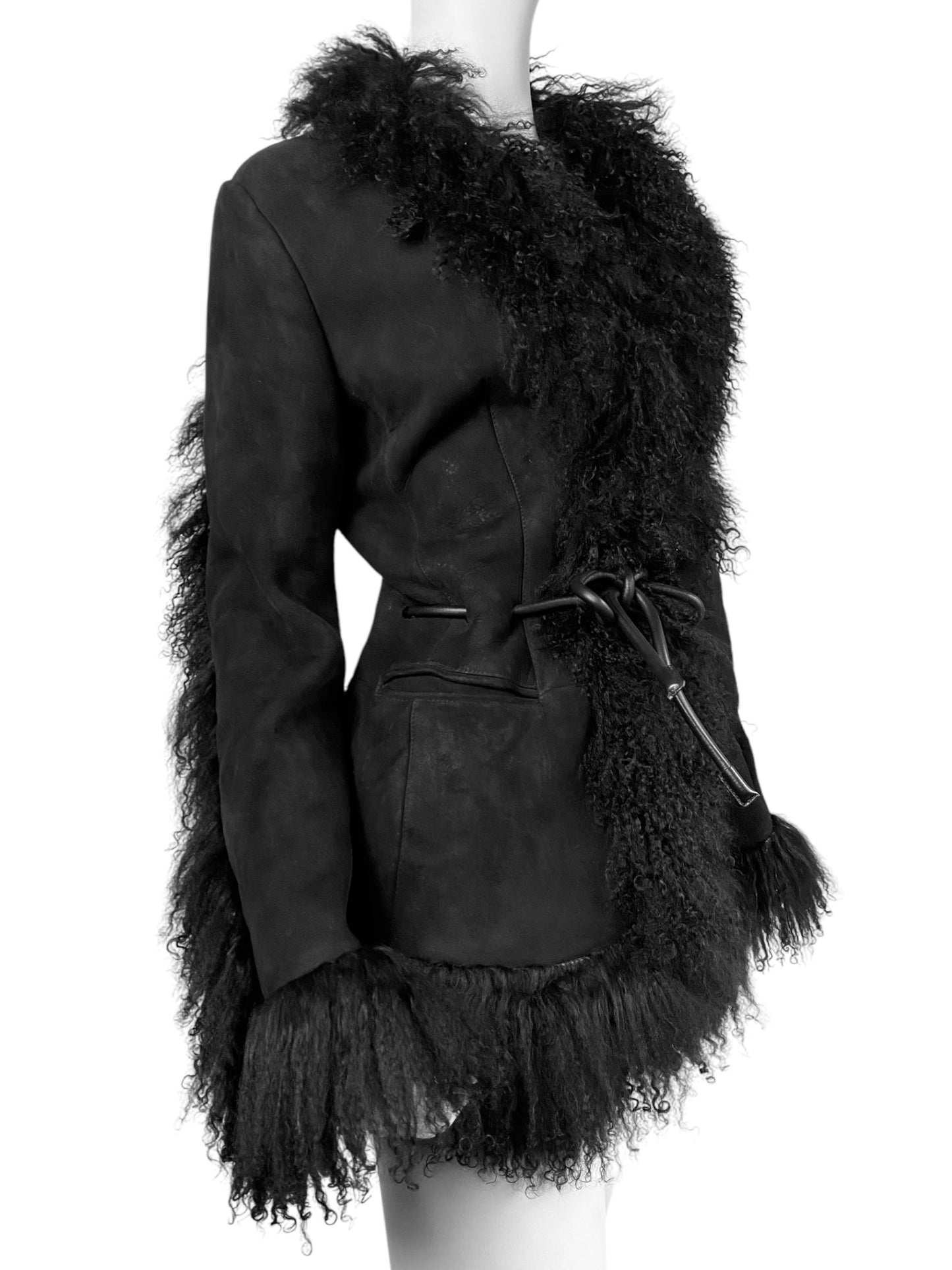 GUCCI FW1999 BY TOM FORD BLACK LEATHER & MONGOLIAN LAMB FUR TRIM JACKET