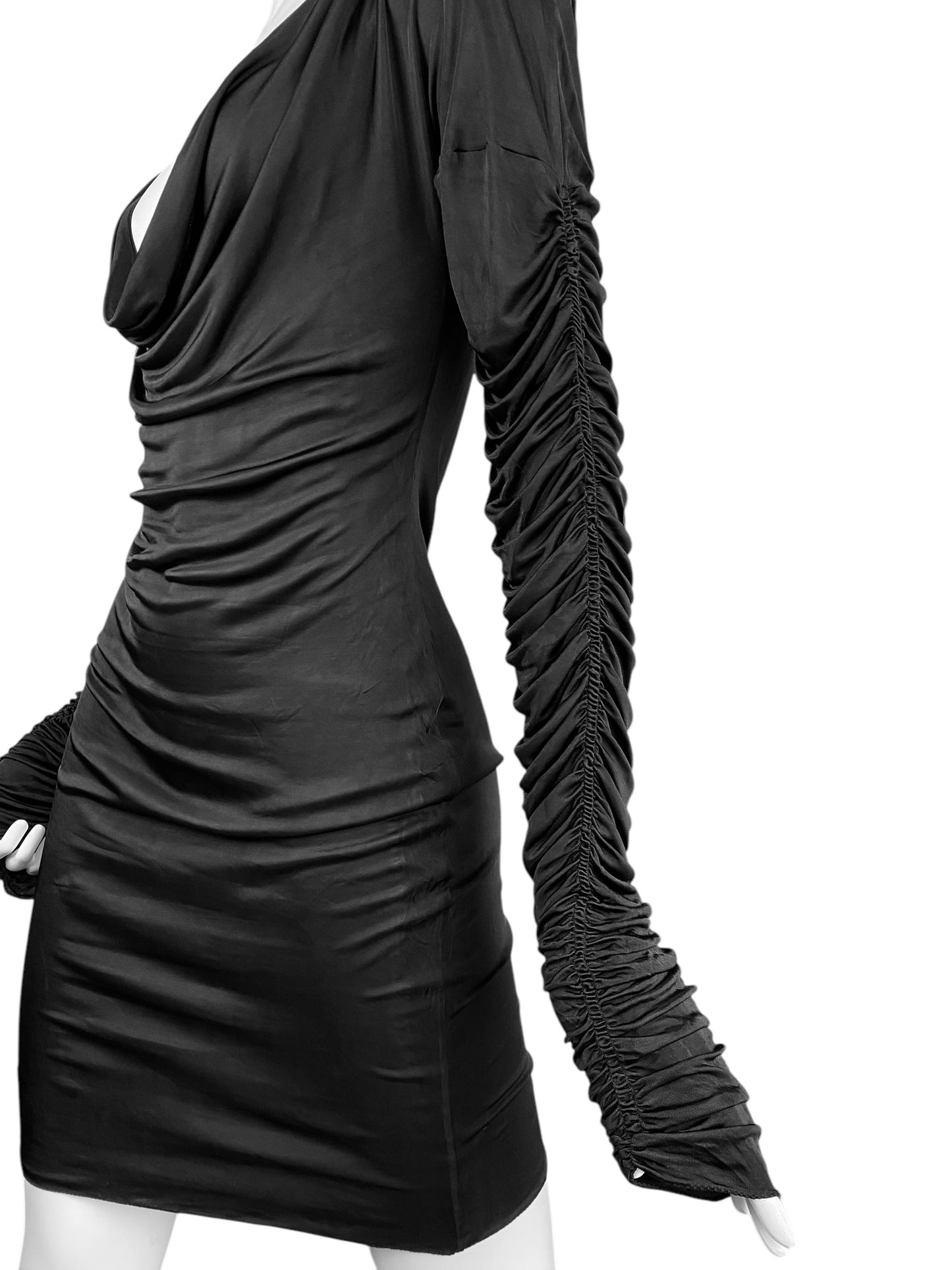 ALEXANDER MCQUEEN SS1996 «THE HUNGER» BLACK RUCHED SLEEVES DRAPED DRESS