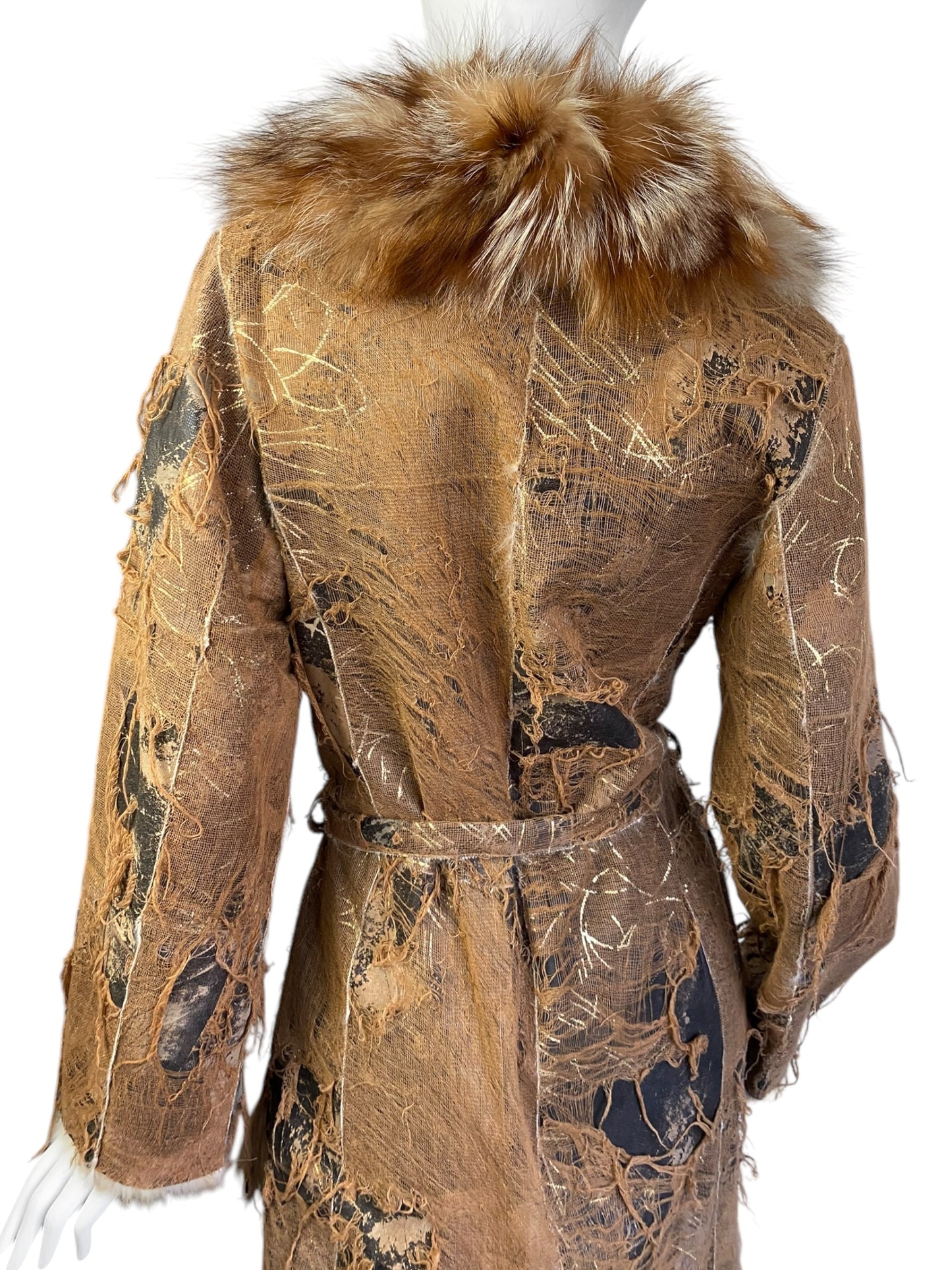 AMORETTI 2000s BROWN FOX FUR & GOLD LEAVES DISTRESSED COAT