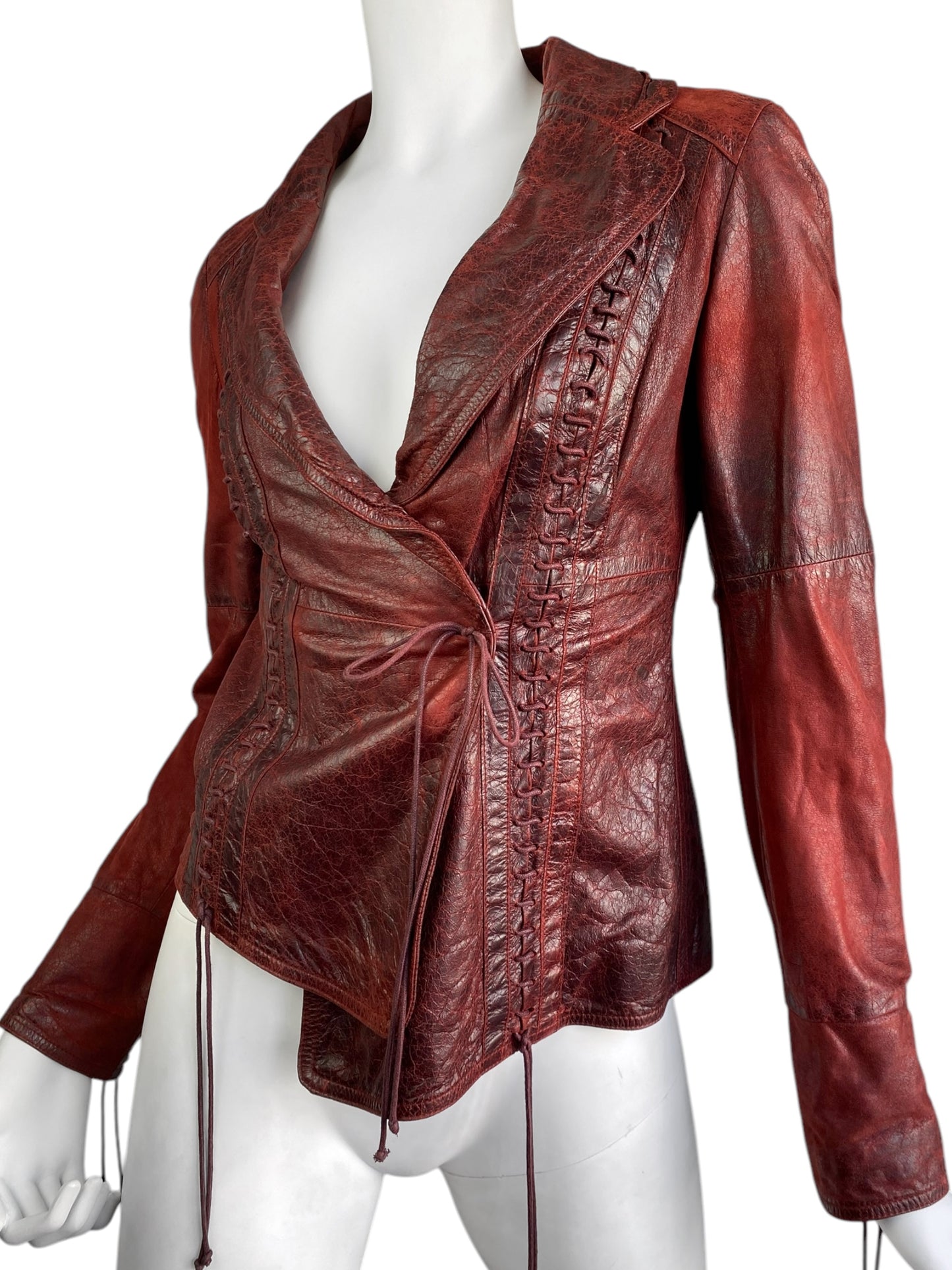 PLEIN SUD FW2002 RED DISTRESSED LEATHER LACE-UP JACKET
