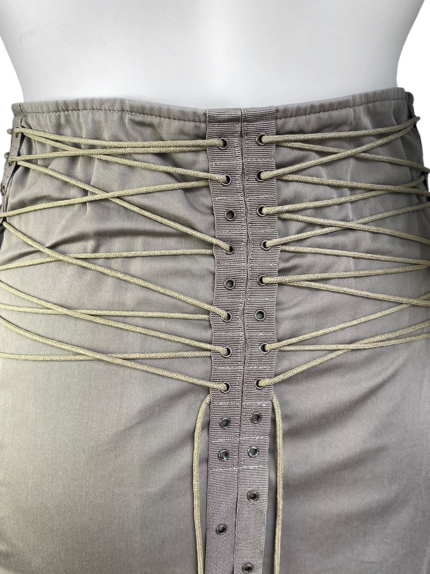 PLEIN SUD SS2003 KHAKI LACE-UP BONDAGE MIDI SKIRT