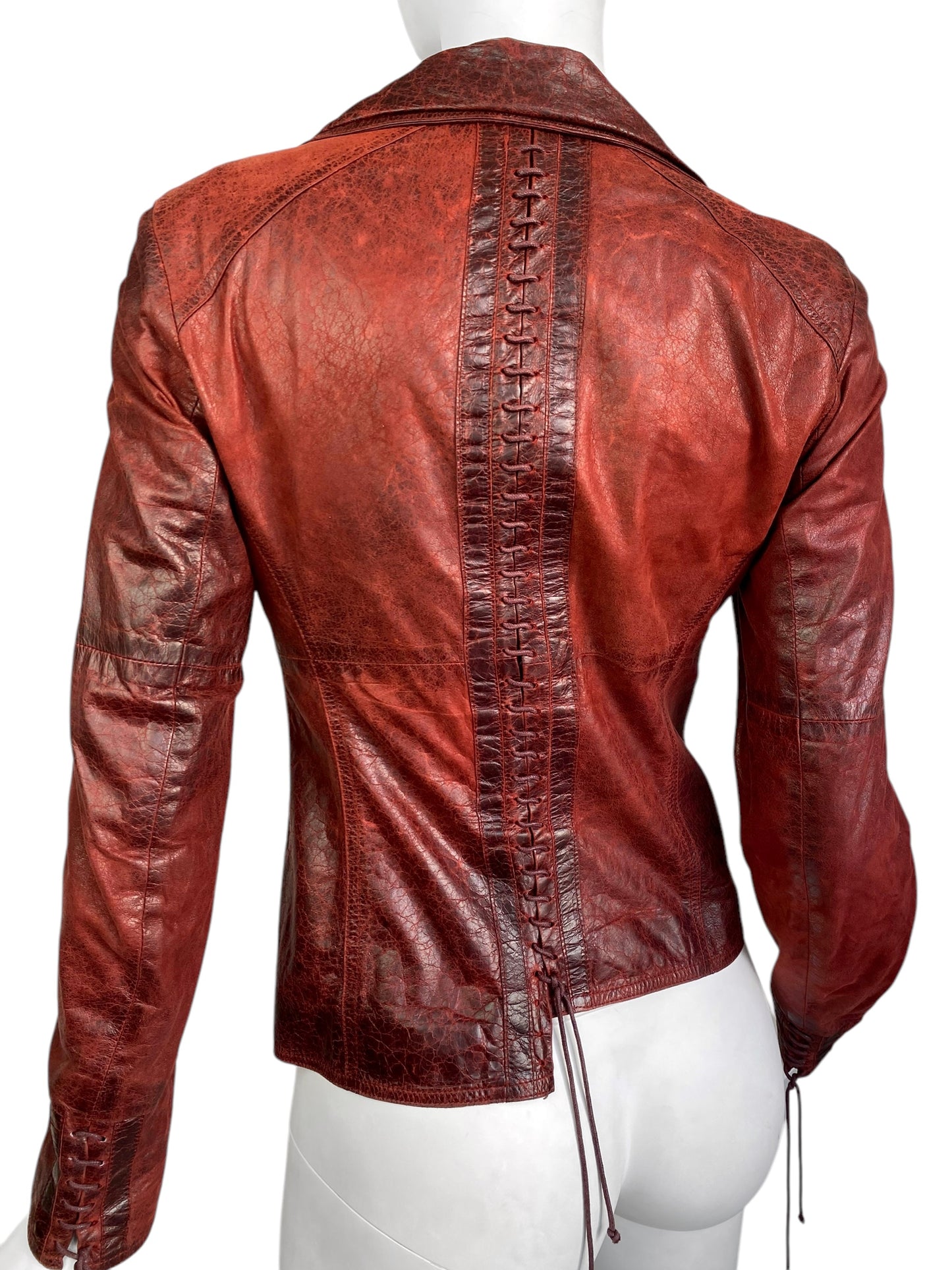 PLEIN SUD FW2002 RED DISTRESSED LEATHER LACE-UP JACKET