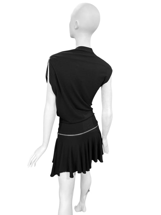 PLEIN SUD FW2003 BLACK ASYMMETRICAL ZIP MINI DRESS