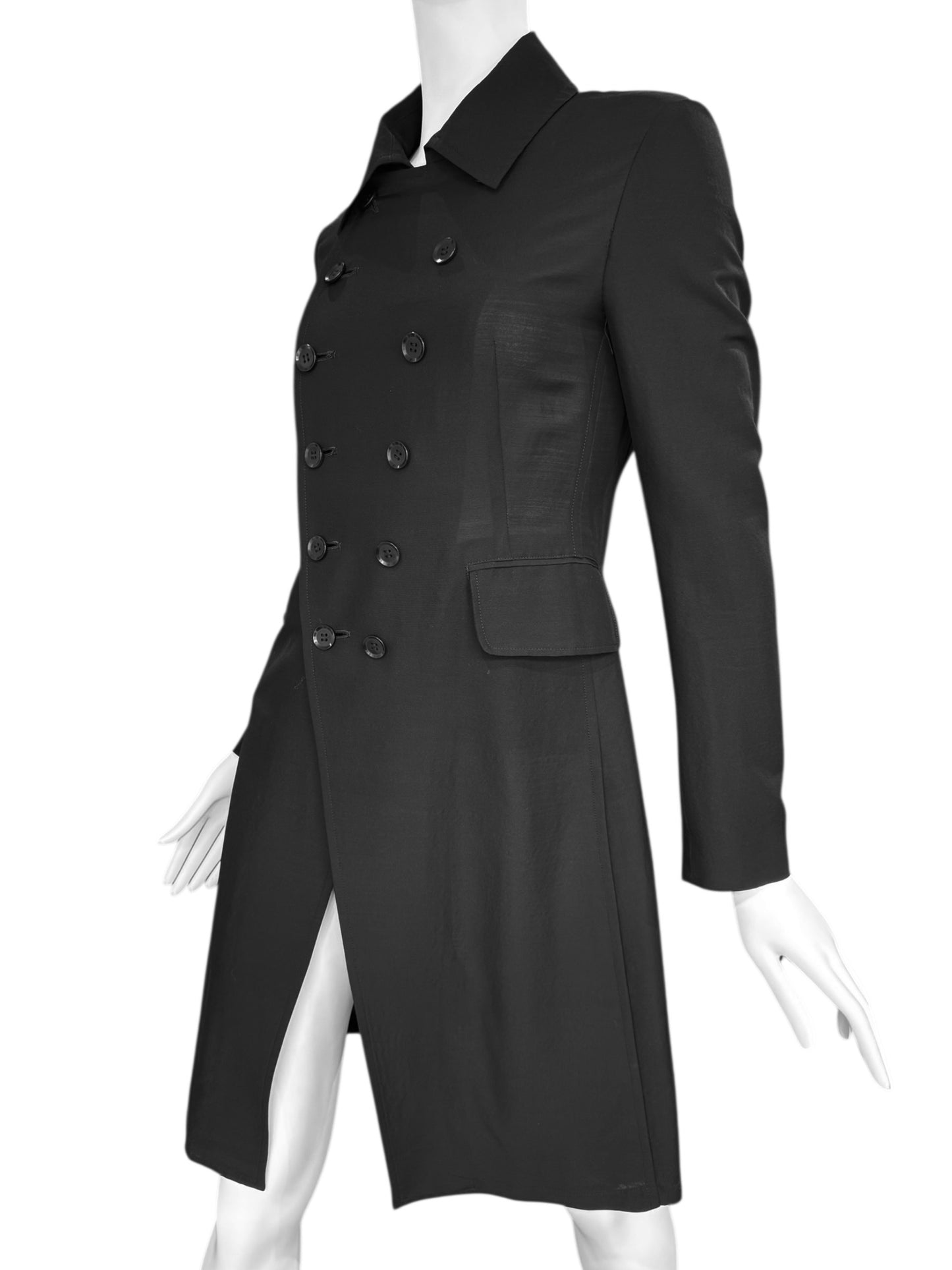 Y’S YOHJI YAMAMOTO SS2010 BLACK WOOL & SILK DOUBLE BREASTED LIGHTWEIGHT COAT