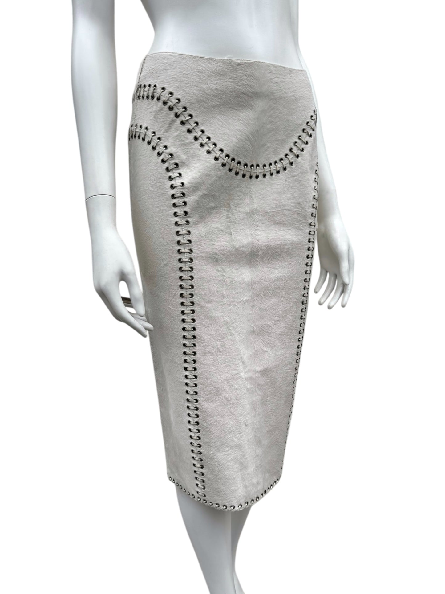 ALEXANDER MCQUEEN PRE-FALL 2010 WHITE PONY HAIR LACE-UP MIDI SKIRT