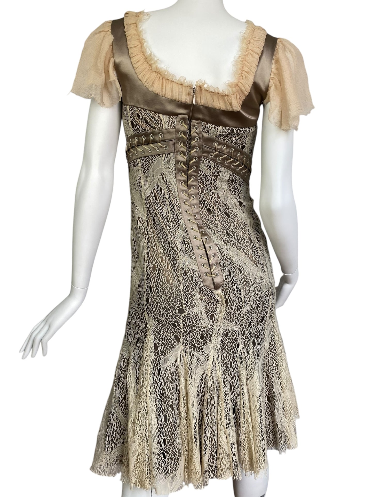 ALEXANDER MCQUEEN FW2002 «SUPERCALIFRAGILISTIC» BEIGE LACE & SILK BONDAGE CORSET MIDI DRESS