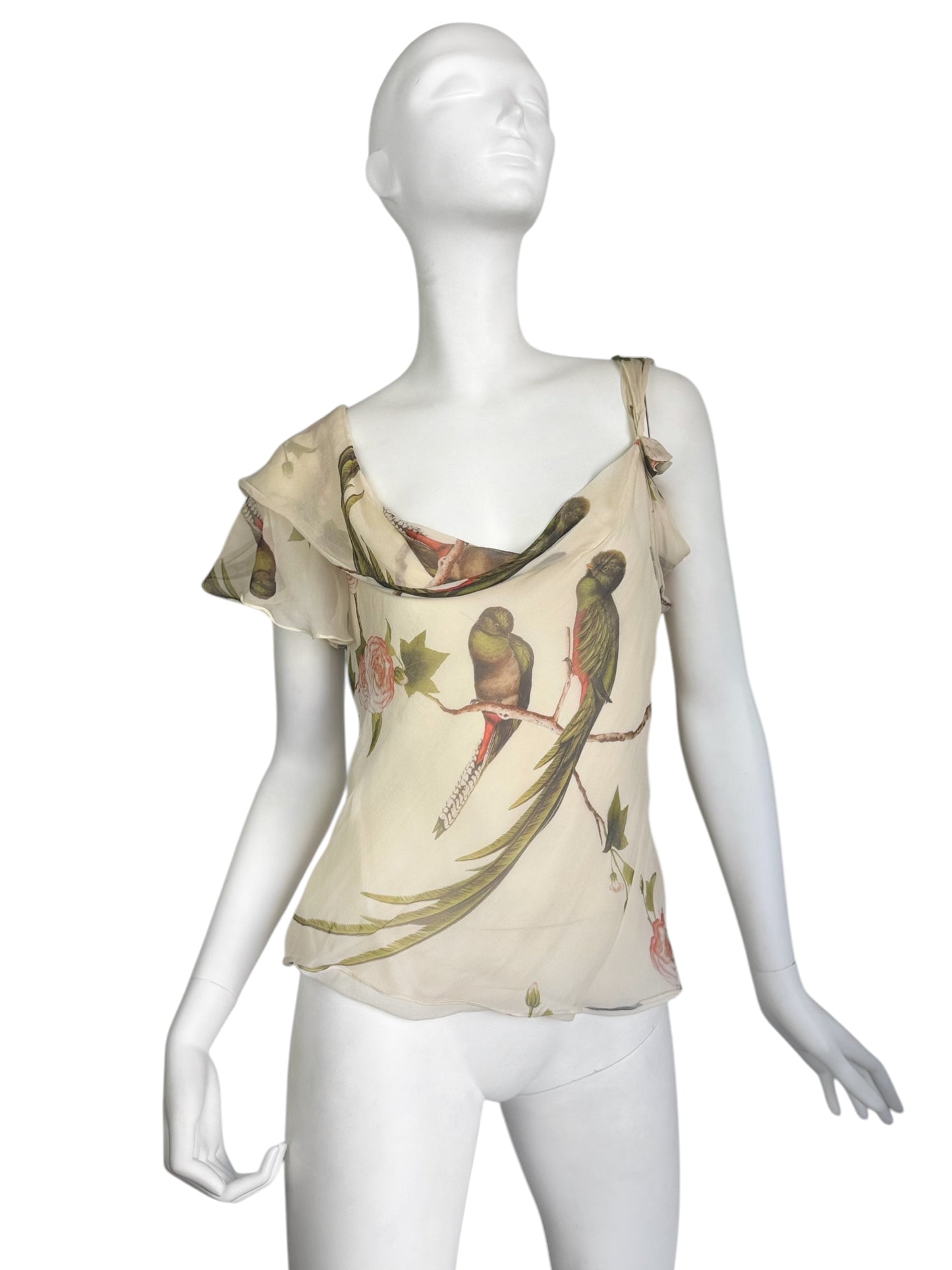 ALEXANDER MCQUEEN SS2007 «SARABANDE» BEIGE SILK BIRDS PRINT ASYMMETRICAL TANK TOP
