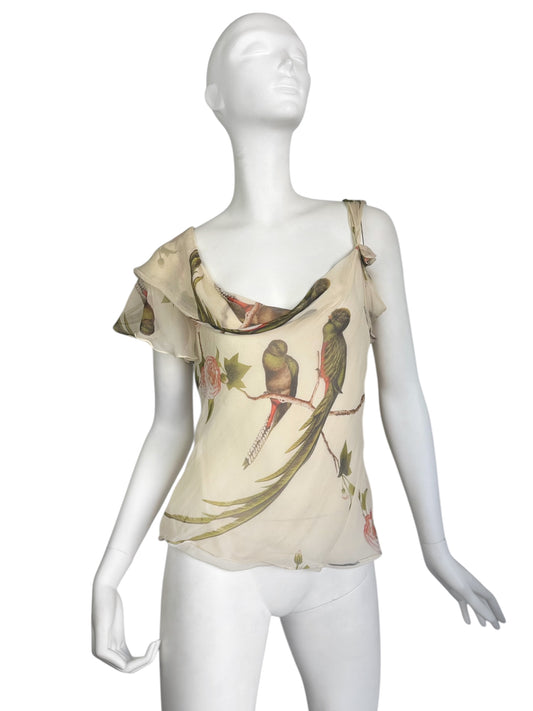 ALEXANDER MCQUEEN SS2007 «SARABANDE» BEIGE SILK BIRDS PRINT ASYMMETRICAL TANK TOP