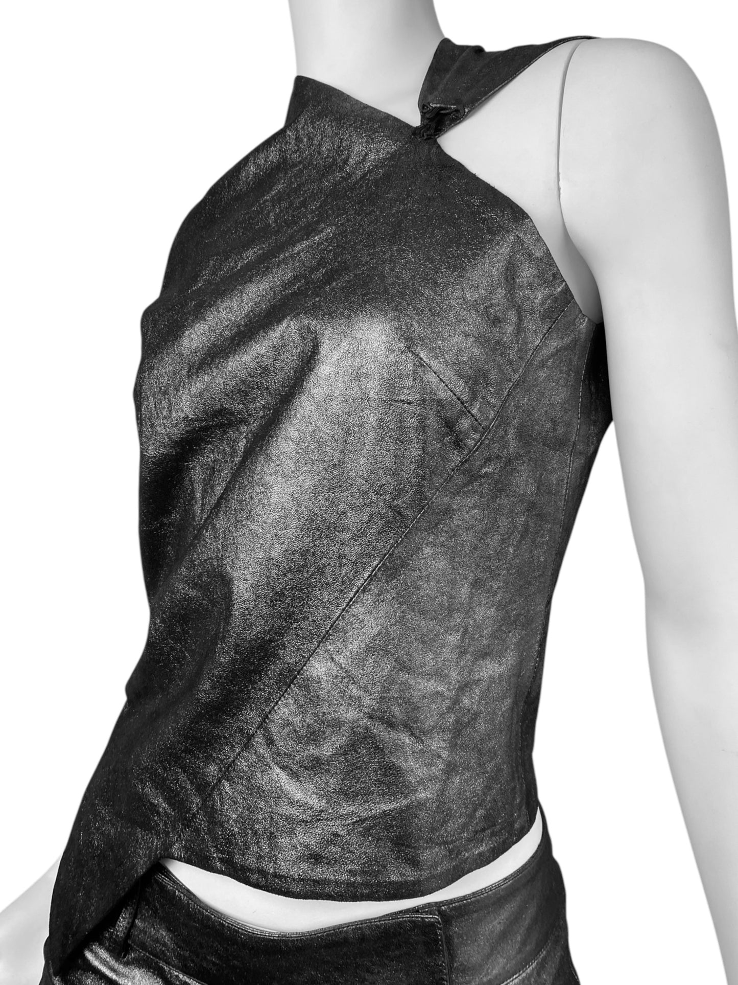 PLEIN SUD 1990s METALLIC GREY LEATHER ASYMMETRICAL TANK TOP