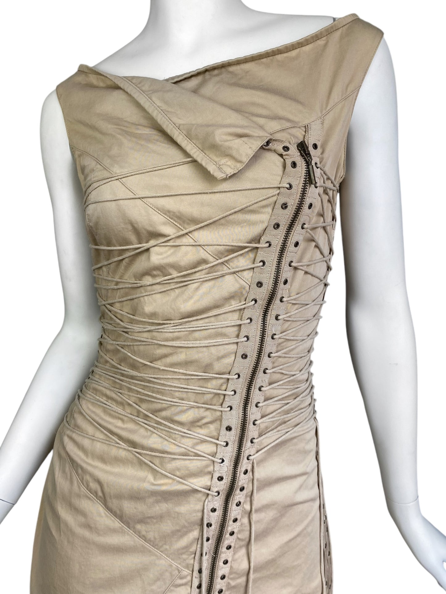 PLEIN SUD SS2003 BEIGE LACE-UP BONDAGE MIDI DRESS