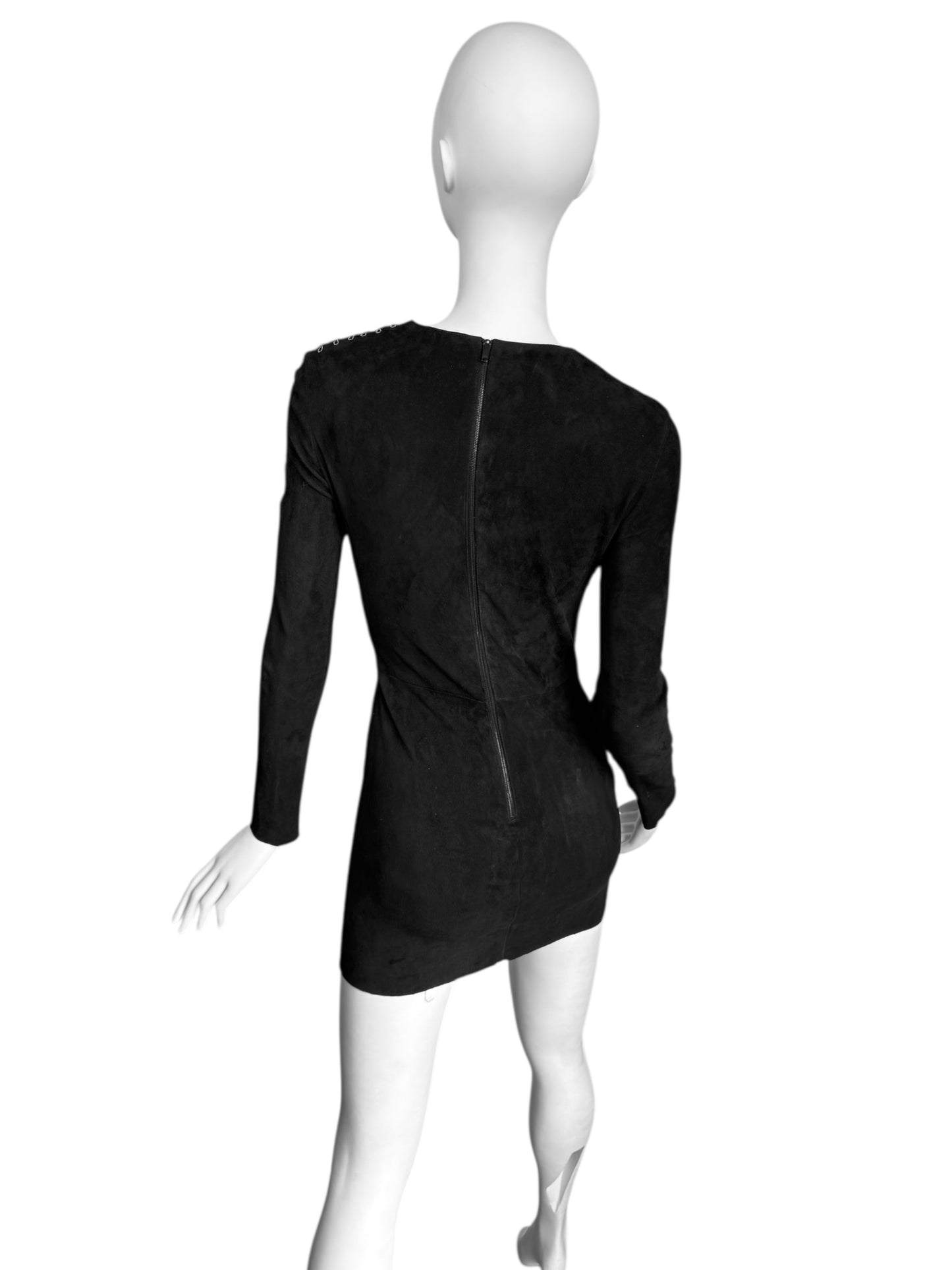JITROIS 2000s BLACK SUEDE LEATHER TULLE CUT OUT MINI DRESS
