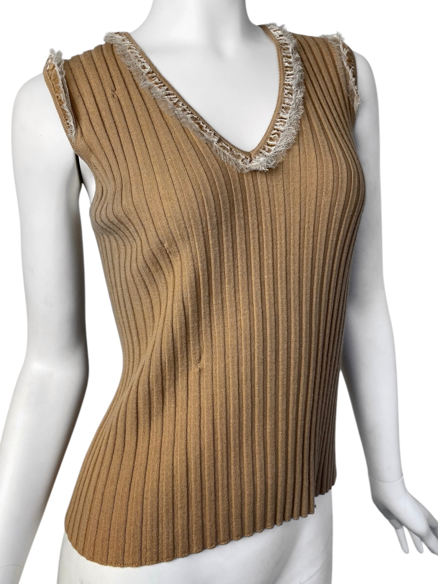 DIOR FW2005 BY GALLIANO CAMEL WOOL RUFFLES TRIM TANK TOP