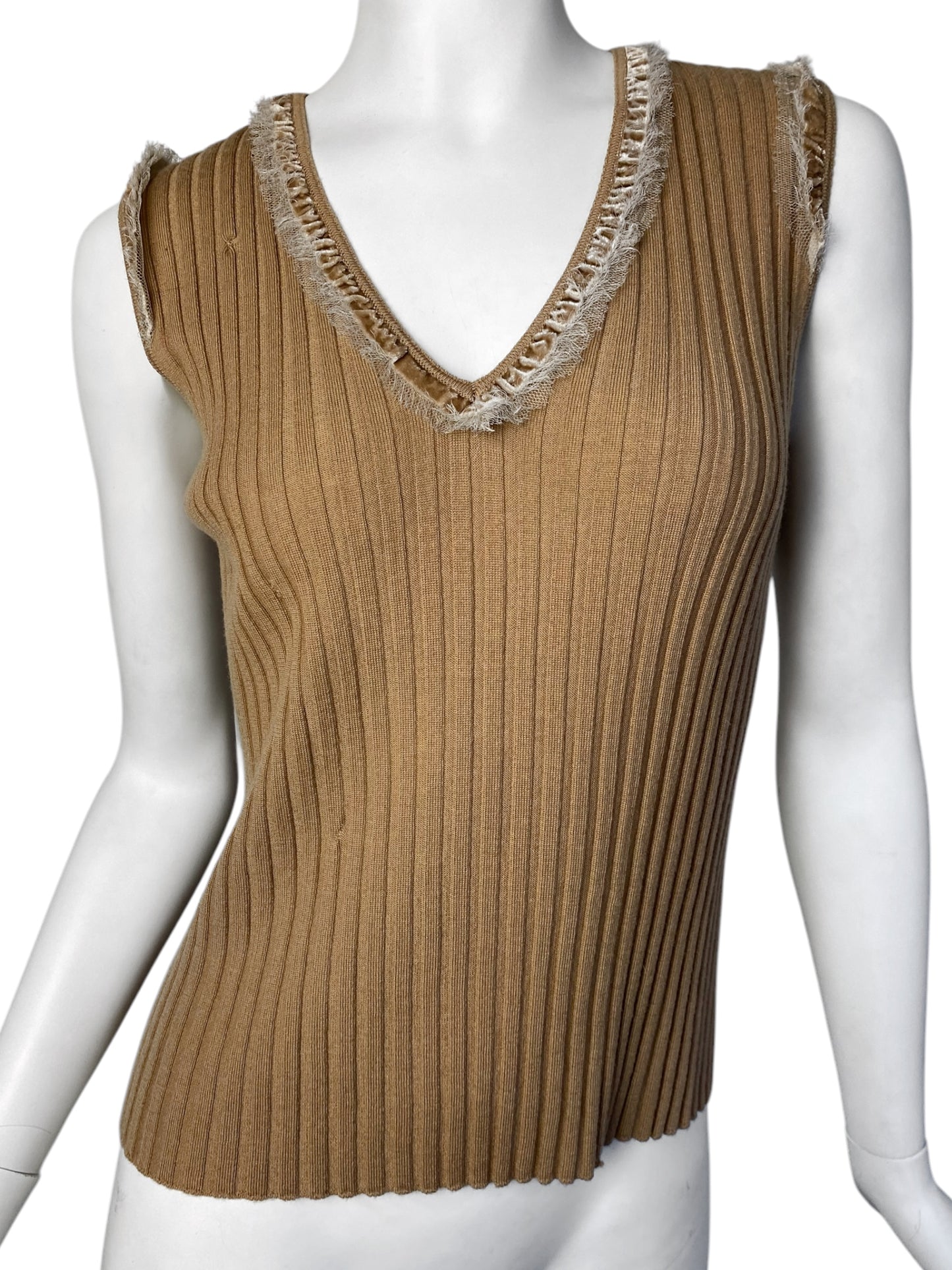 DIOR FW2005 BY GALLIANO CAMEL WOOL RUFFLES TRIM TANK TOP