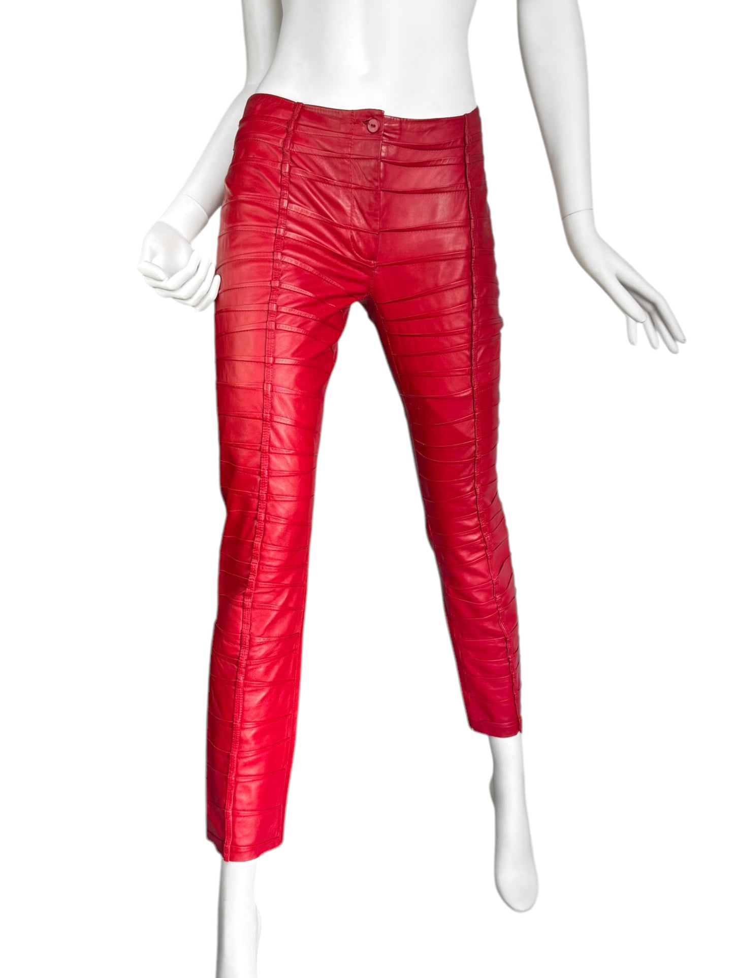 FAYÇAL AMOR SS2004 RED LAMB LEATHER DARTED 2P. SET (JACKET + PANTS)