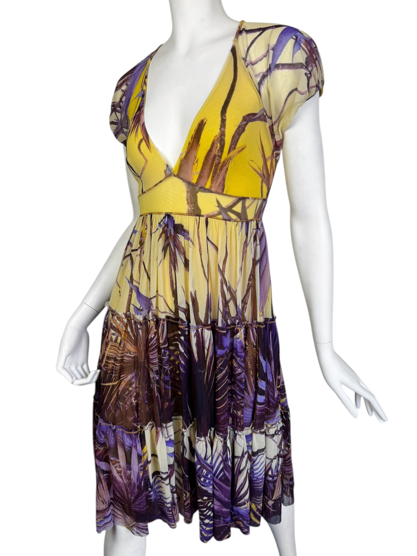 JEAN PAUL GAULTIER 2000s YELLOW & PURPLE MESH TROPICAL PRINT MIDI DRESS