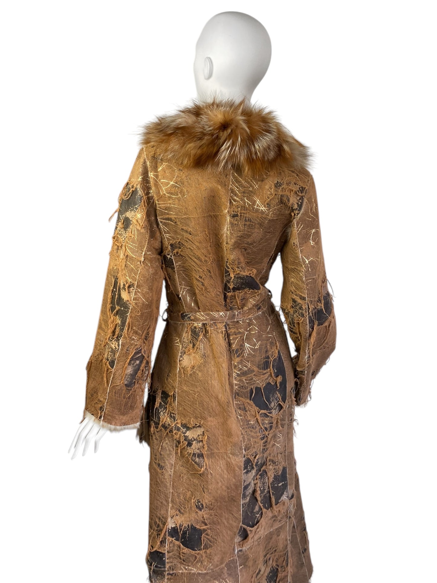 AMORETTI 2000s BROWN FOX FUR & GOLD LEAVES DISTRESSED COAT