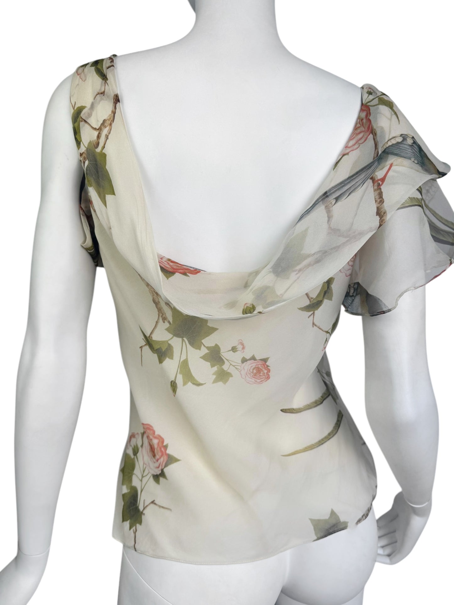 ALEXANDER MCQUEEN SS2007 «SARABANDE» BEIGE SILK BIRDS PRINT ASYMMETRICAL TANK TOP