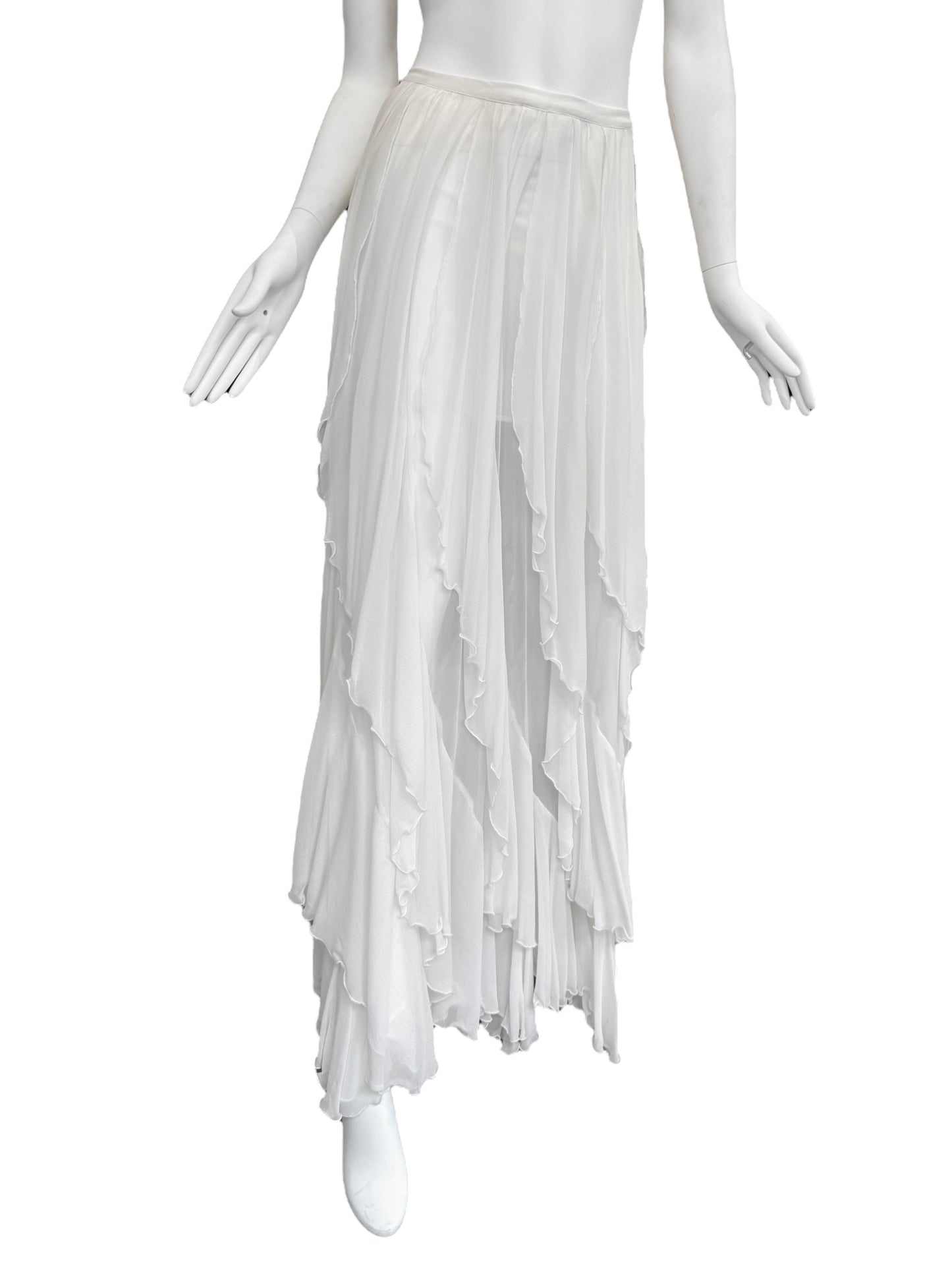 FAYÇAL AMOR 2010s WHITE SILK CASCADING RUFFLES MAXI SKIRT