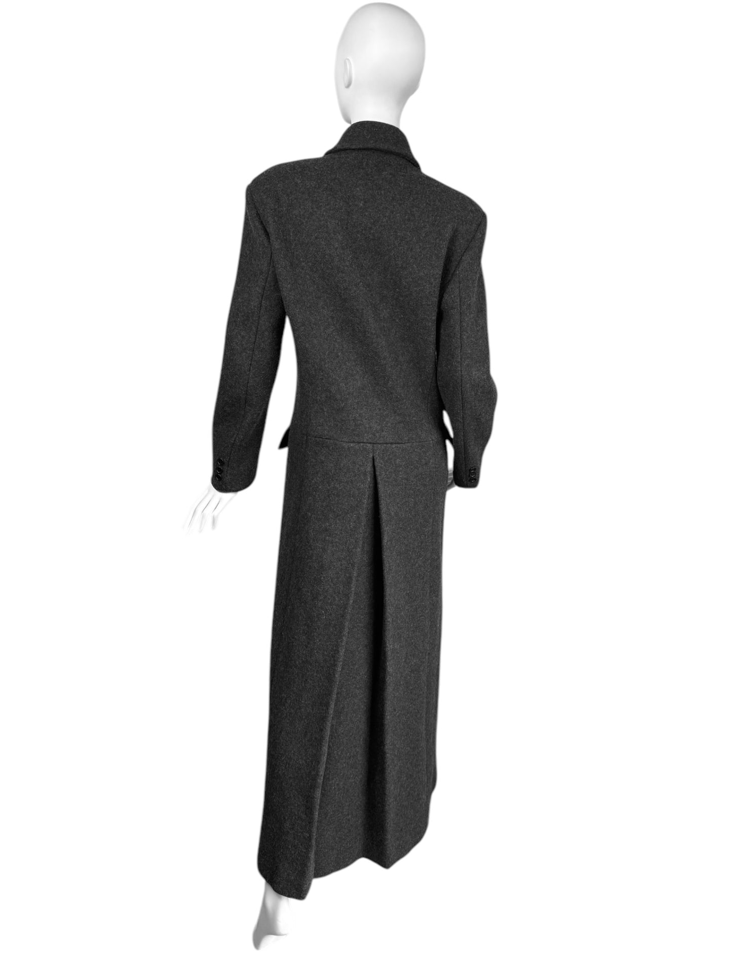 ALEXANDER MCQUEEN FW1999 «THE OVERLOOK» DARK GREY WOOL ASYMMETRICAL MAXI COAT