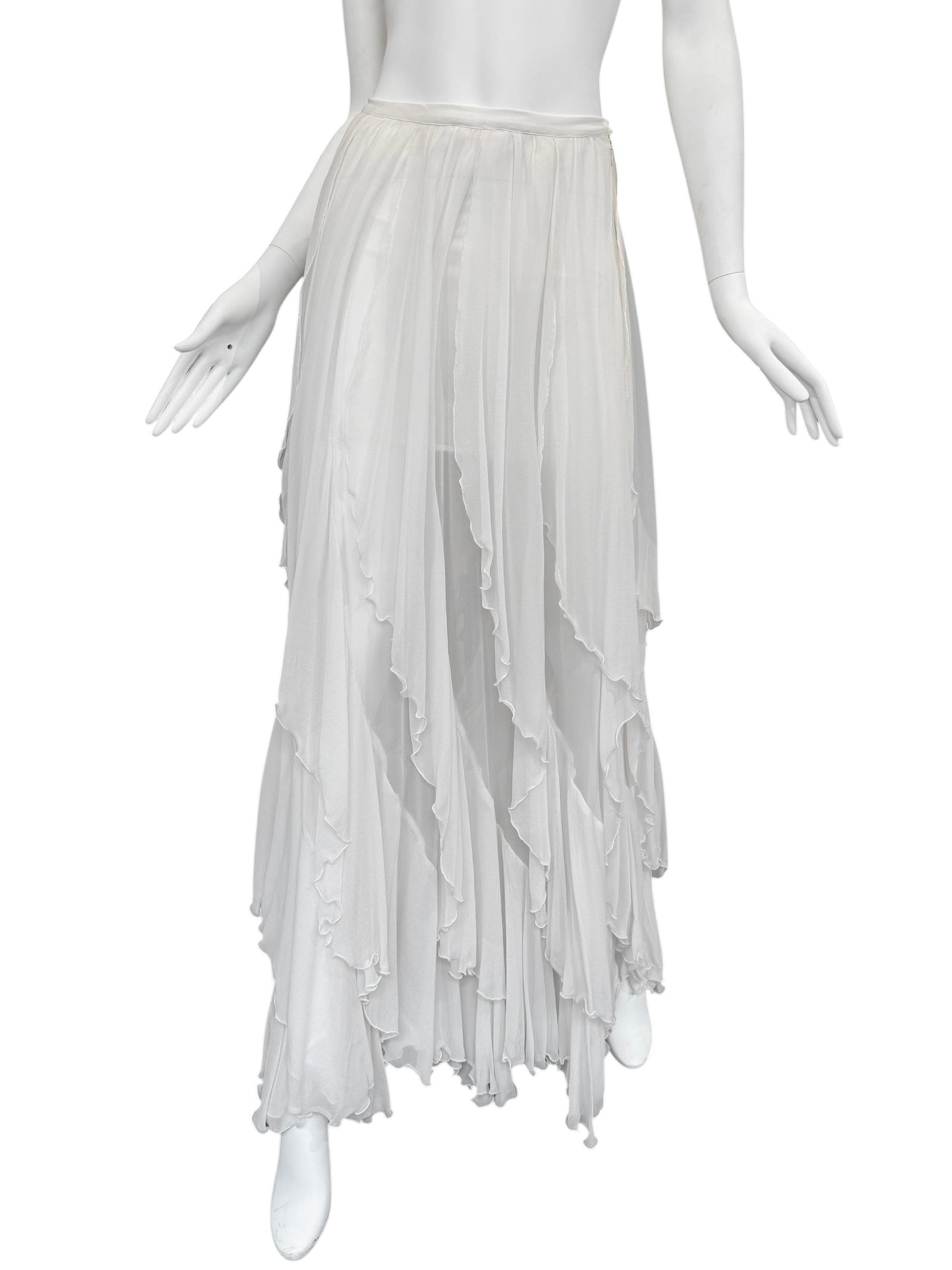 FAYÇAL AMOR 2010s WHITE SILK CASCADING RUFFLES MAXI SKIRT