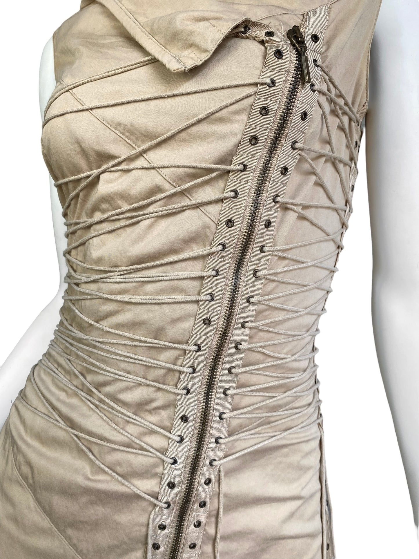 PLEIN SUD SS2003 BEIGE LACE-UP BONDAGE MIDI DRESS