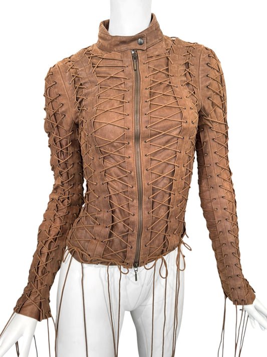 PLEIN SUD FW2002 BROWN LEATHER LACE-UP CAGE JACKET