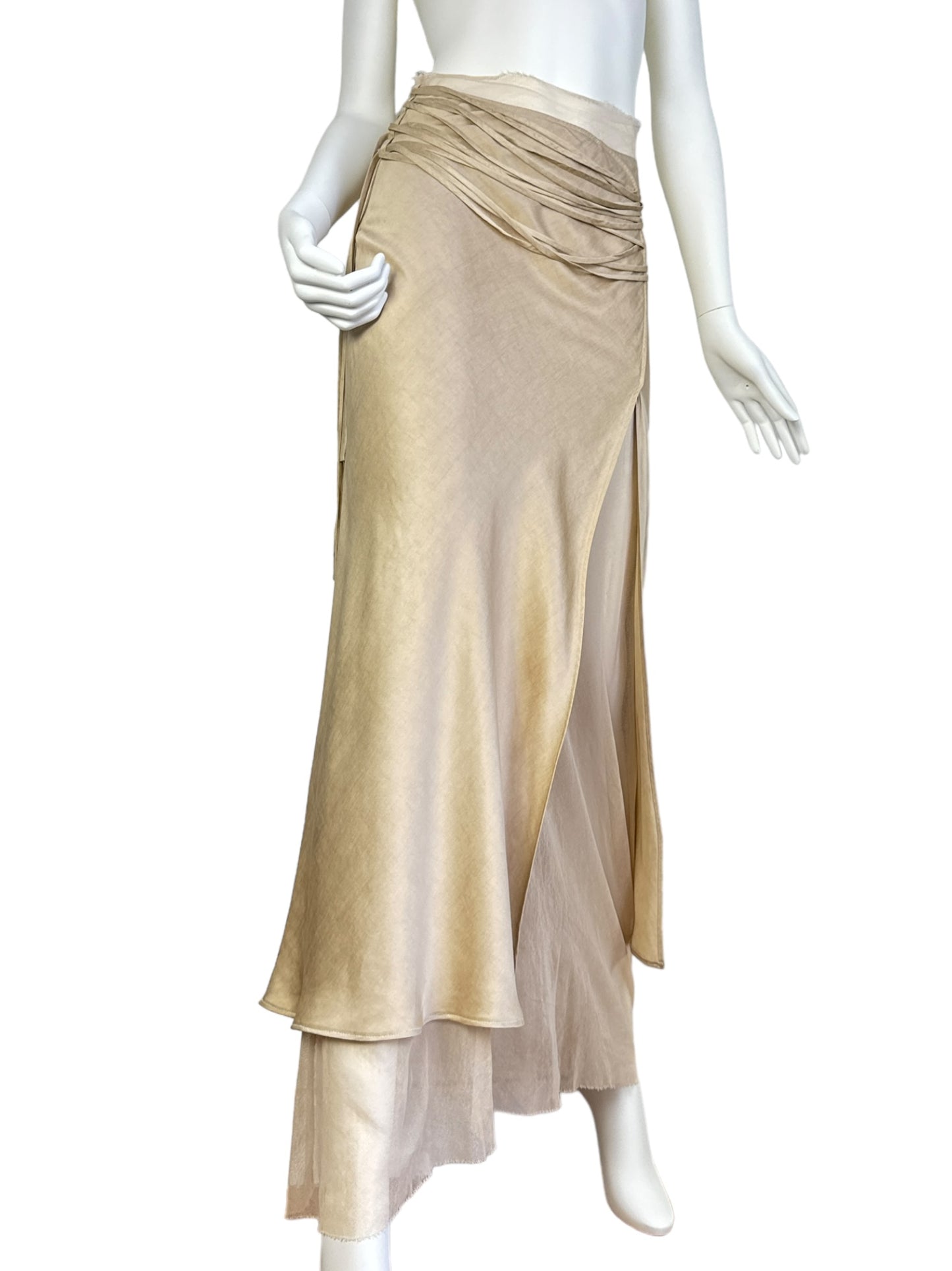 FAYÇAL AMOR 2000s BEIGE SATIN TULLE LACED MAXI SKIRT