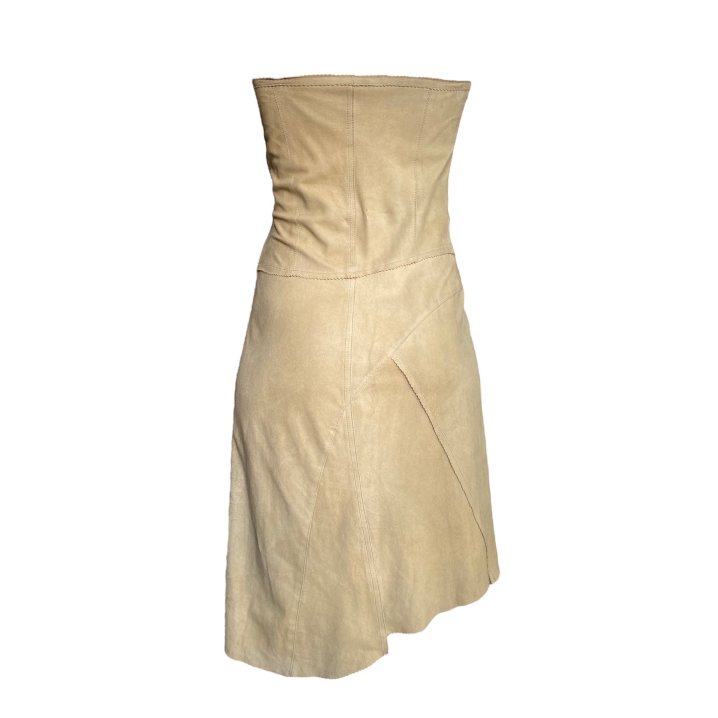 PLEIN SUD SS2003 BEIGE LEATHER PATCHWORK HOOKED BUSTIER DRESS