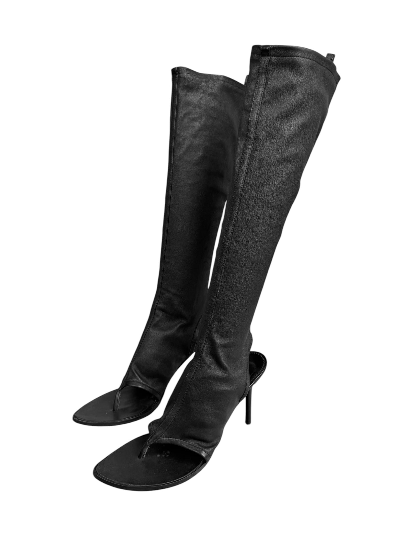 FAYÇAL AMOR SS2004 BLACK LEATHER KNEE-HIGH THONG SANDAL BOOTS