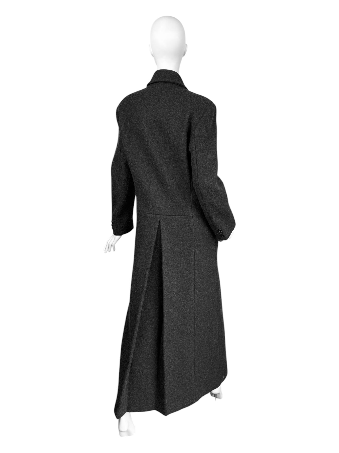 ALEXANDER MCQUEEN FW1999 «THE OVERLOOK» DARK GREY WOOL ASYMMETRICAL MAXI COAT