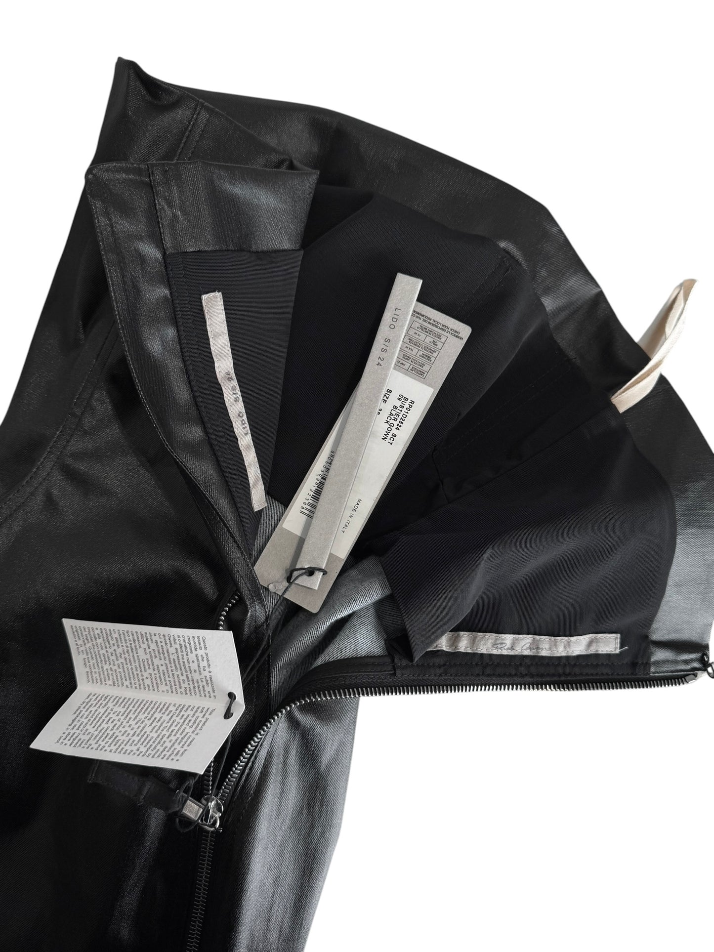 RICK OWENS SS2024 «LIDO» BLACK COATED DENIM BUSTIER MAXI DRESS