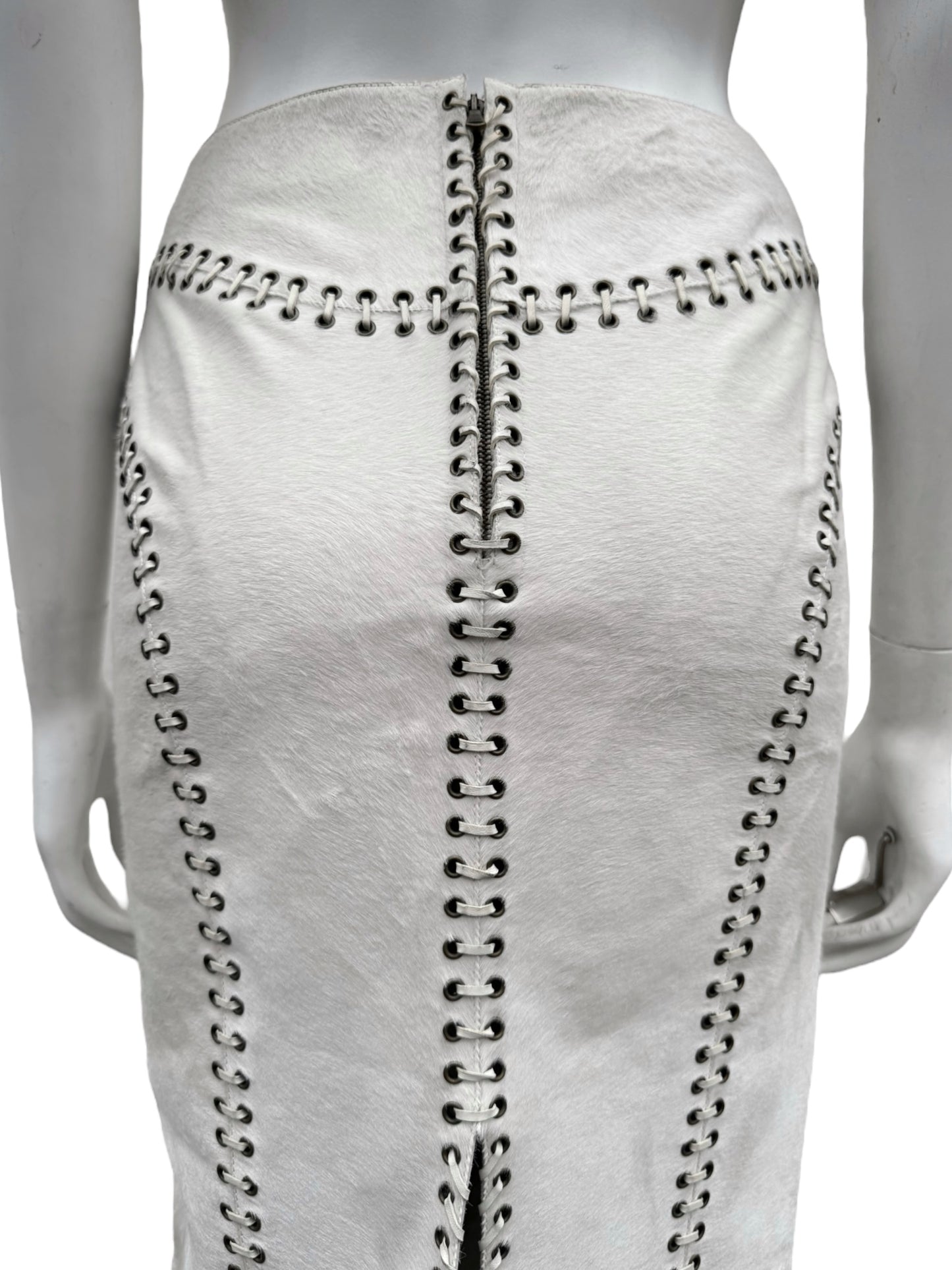 ALEXANDER MCQUEEN PRE-FALL 2010 WHITE PONY HAIR LACE-UP MIDI SKIRT